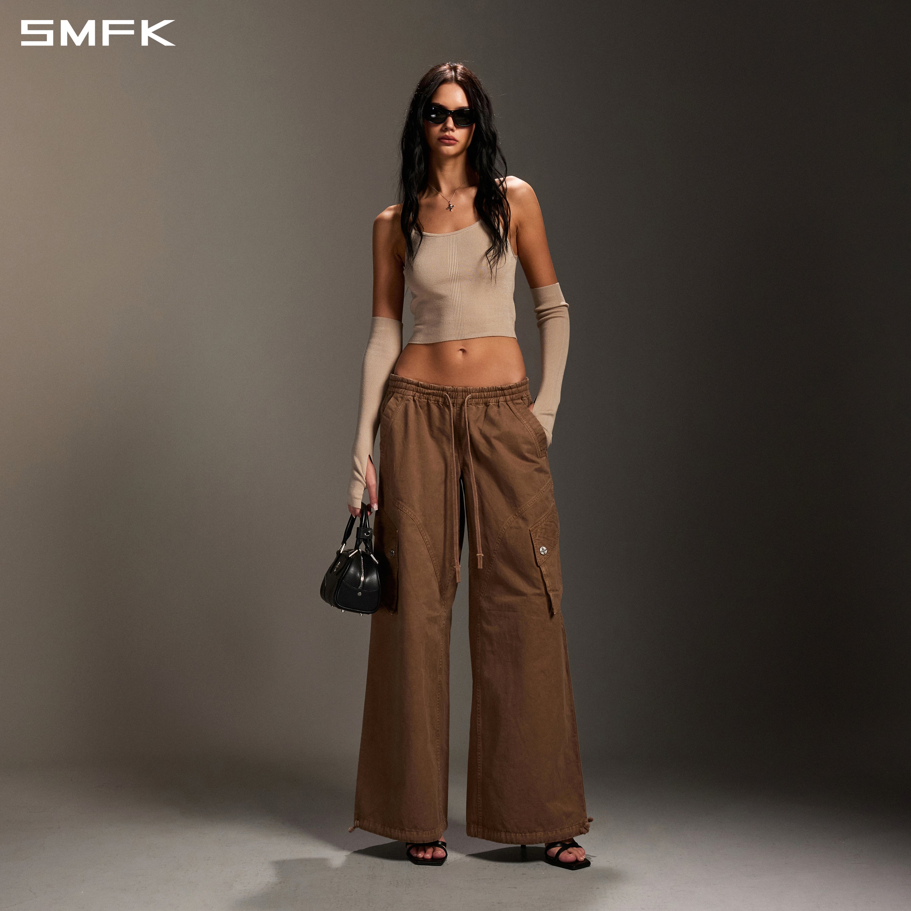 Brown Wide-Leg Athletic Cargo Pants