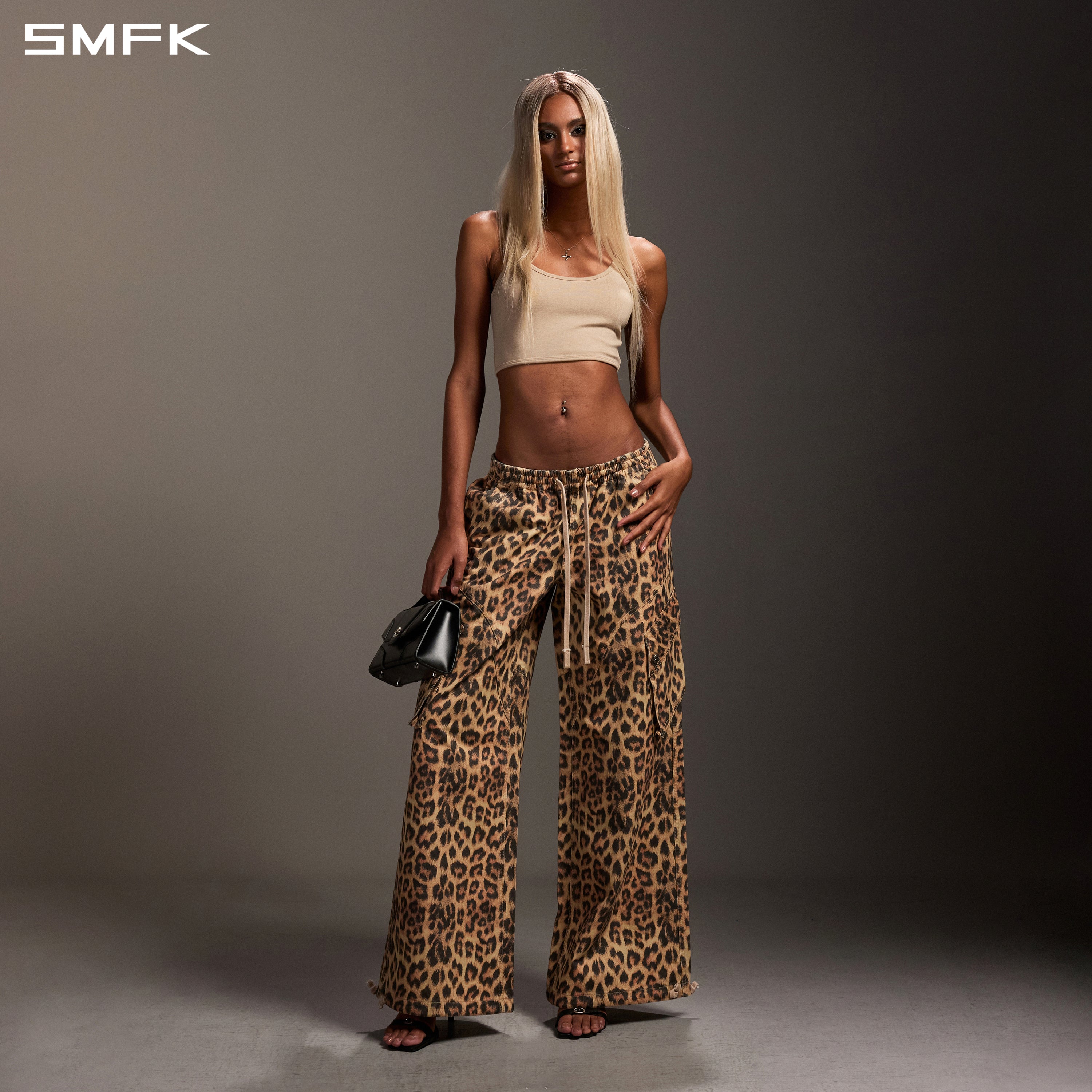 Leopard Print Wide-Leg Athletic Cargo Pants