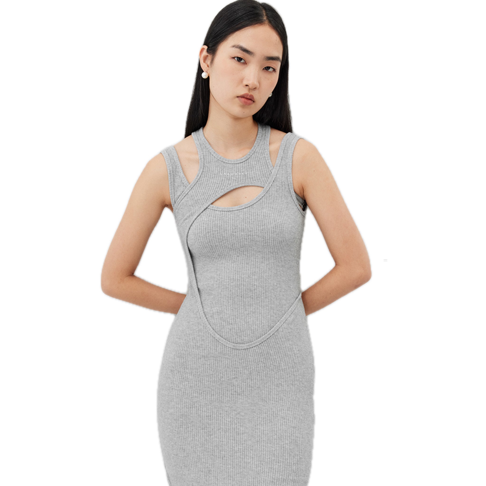 Misaligned Structure Knitted Pit Stripe Dress In Gray