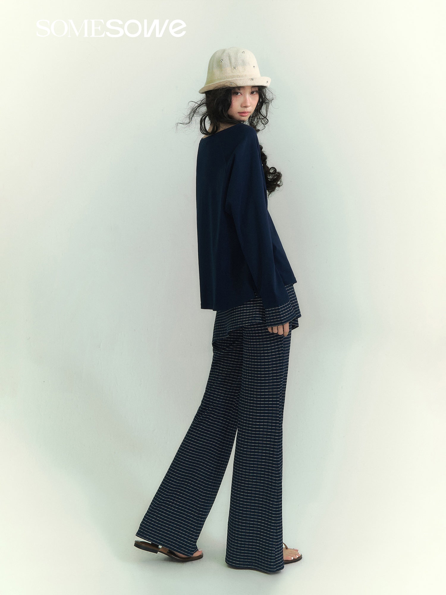 Striped Henley Collar Long-Sleeve T-Shirt In Navy Blue