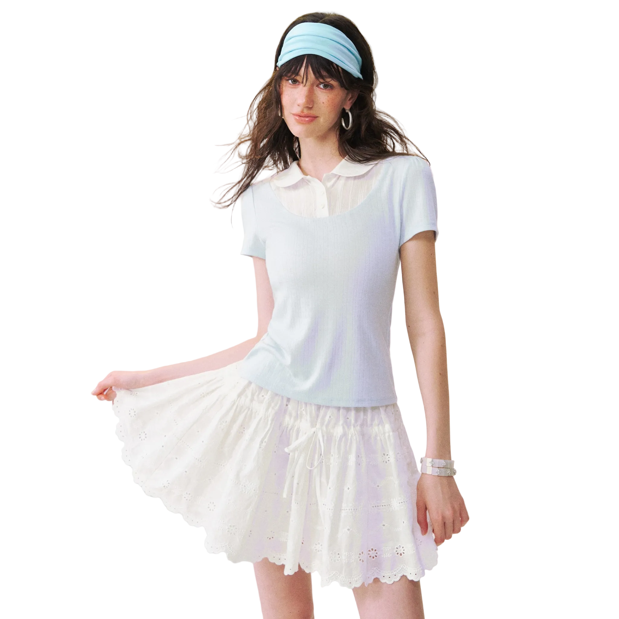 Blue and White Faux Two-piece Peter Pan Collar Short-sleeved T-shirt