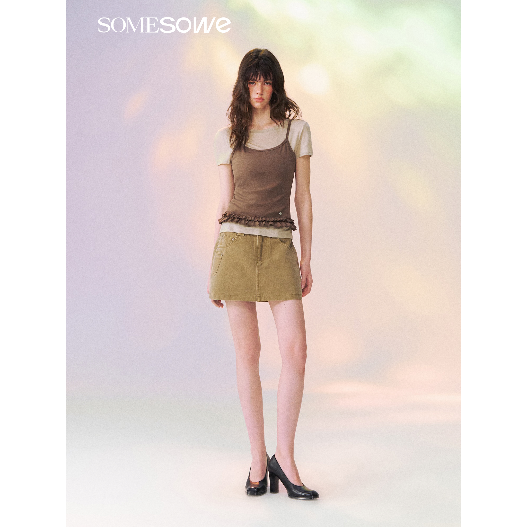 Two short-sleeved Brown Shirts Layered with Ruffled Trim