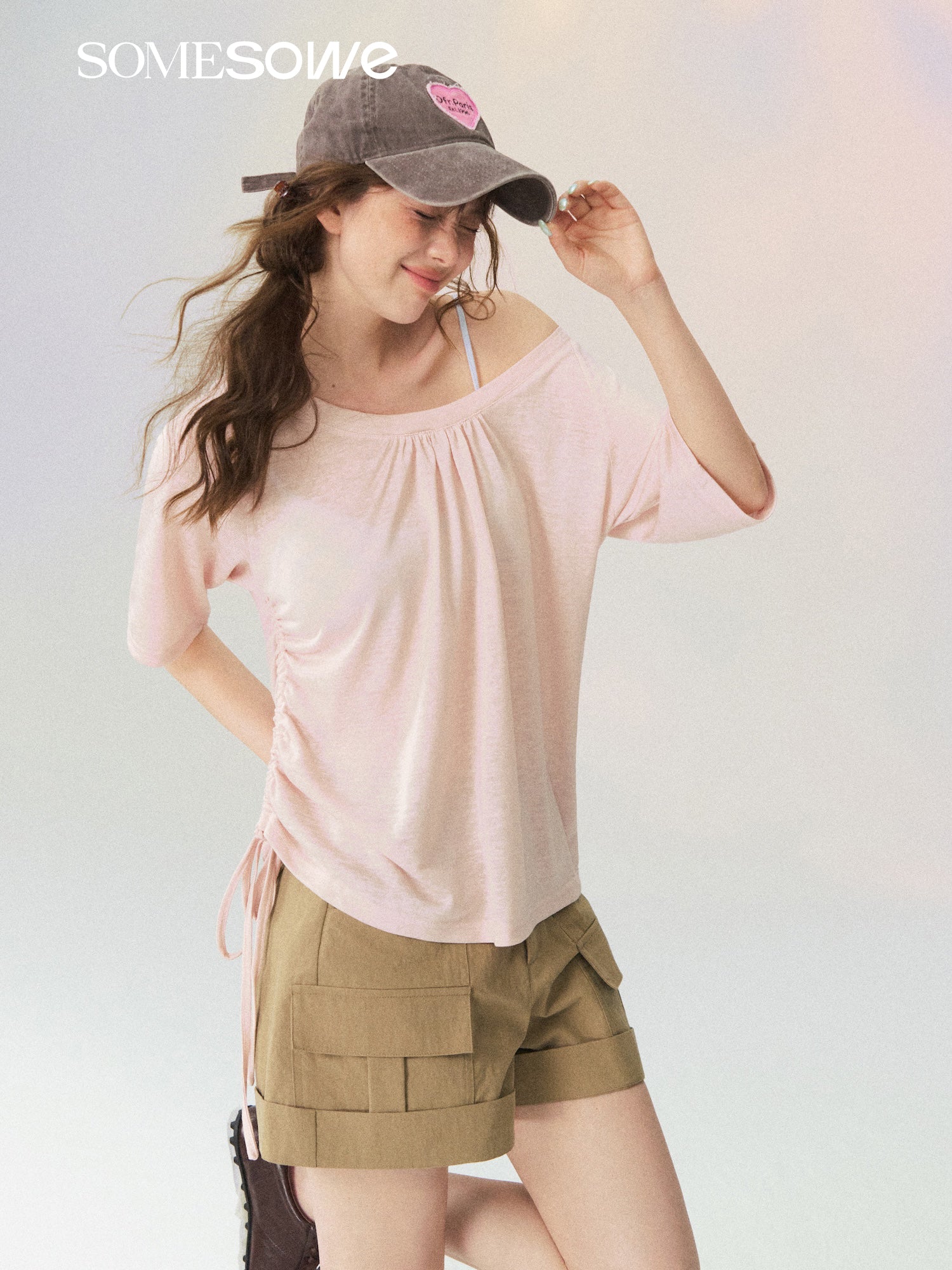 Pink V-neck Short-Sleeved T-Shirt