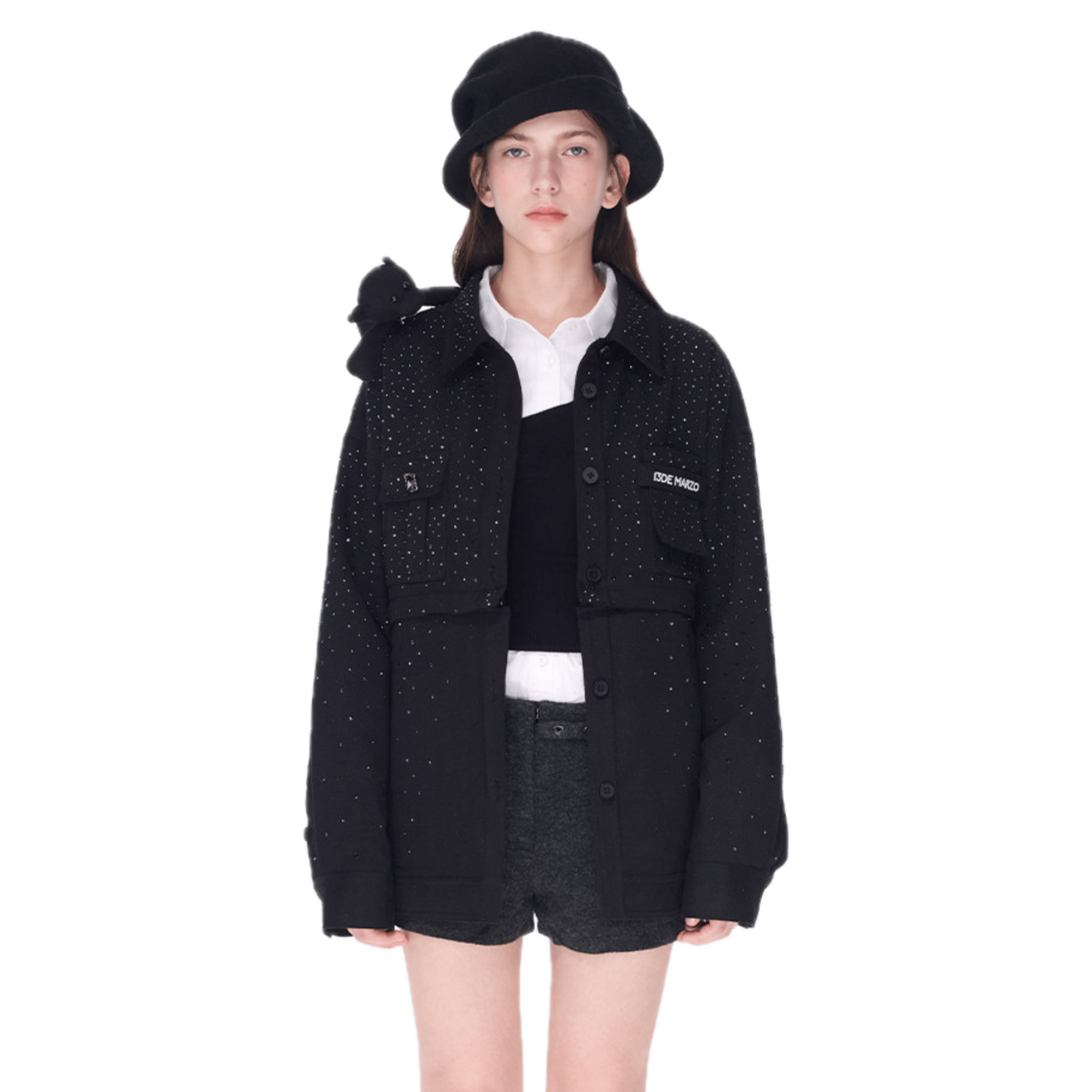 13DE MARZO All - over Faux Rhinestone Shirt in Black | MADAX