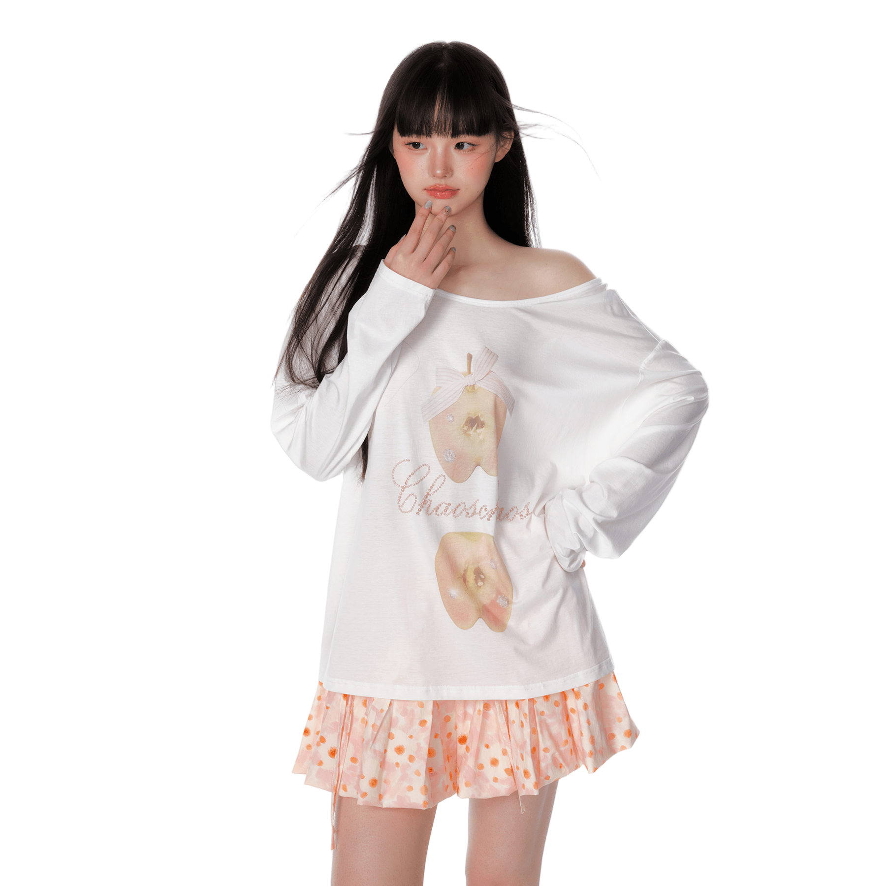 CHAOSCHAOS Apple Print Rhinestone T-shirt In White | MADAX