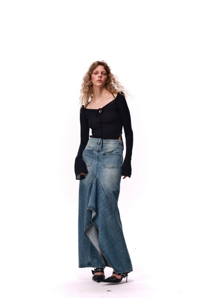 NECESSARY ANANKE Asymmetric Denim MAXI Skirt | MADA IN CHINA