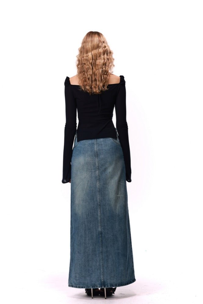 NECESSARY ANANKE Asymmetric Denim MAXI Skirt | MADA IN CHINA