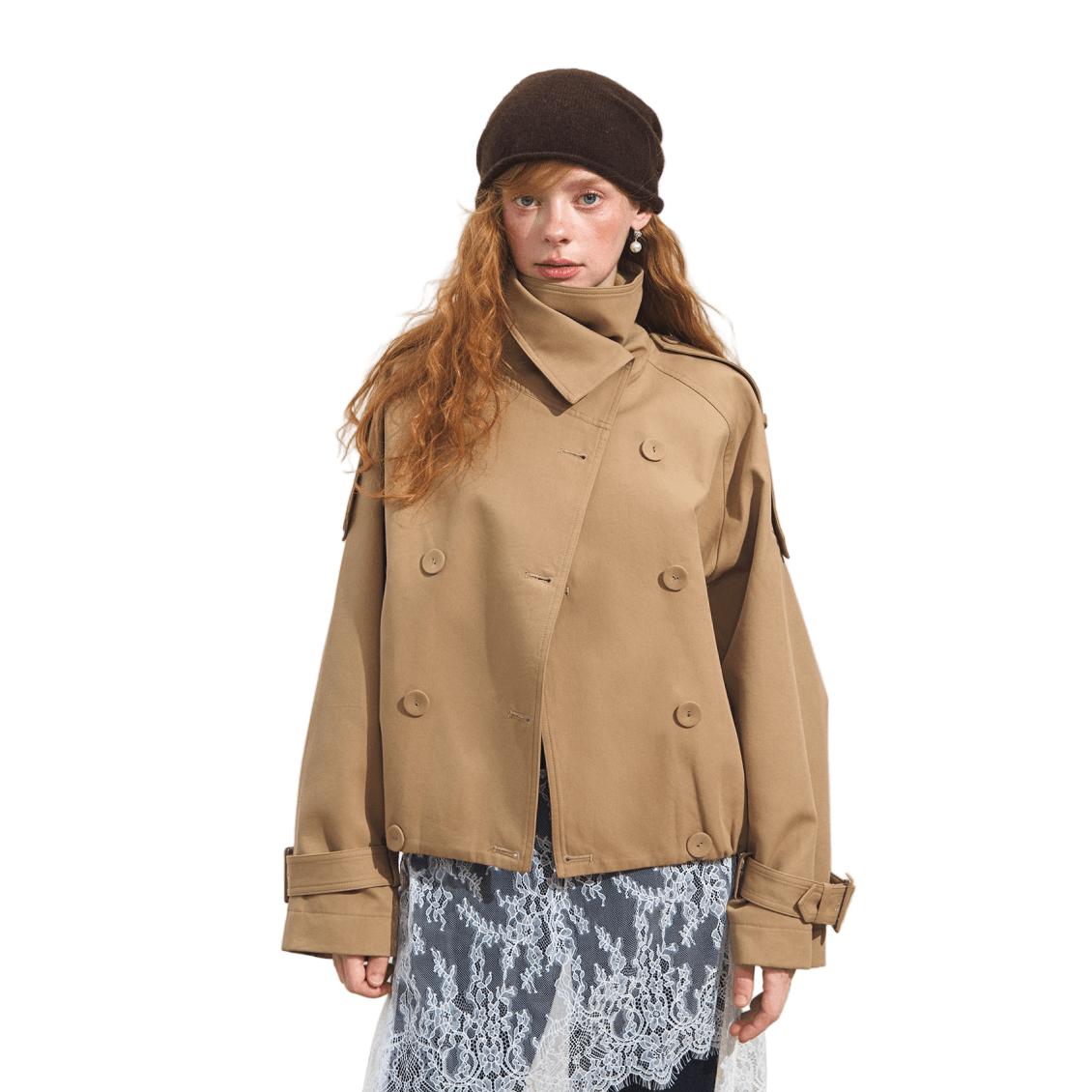 SOMESOWE Asymmetrical Collar Double - Breasted Short Trench Coat In Khaki | MADAX
