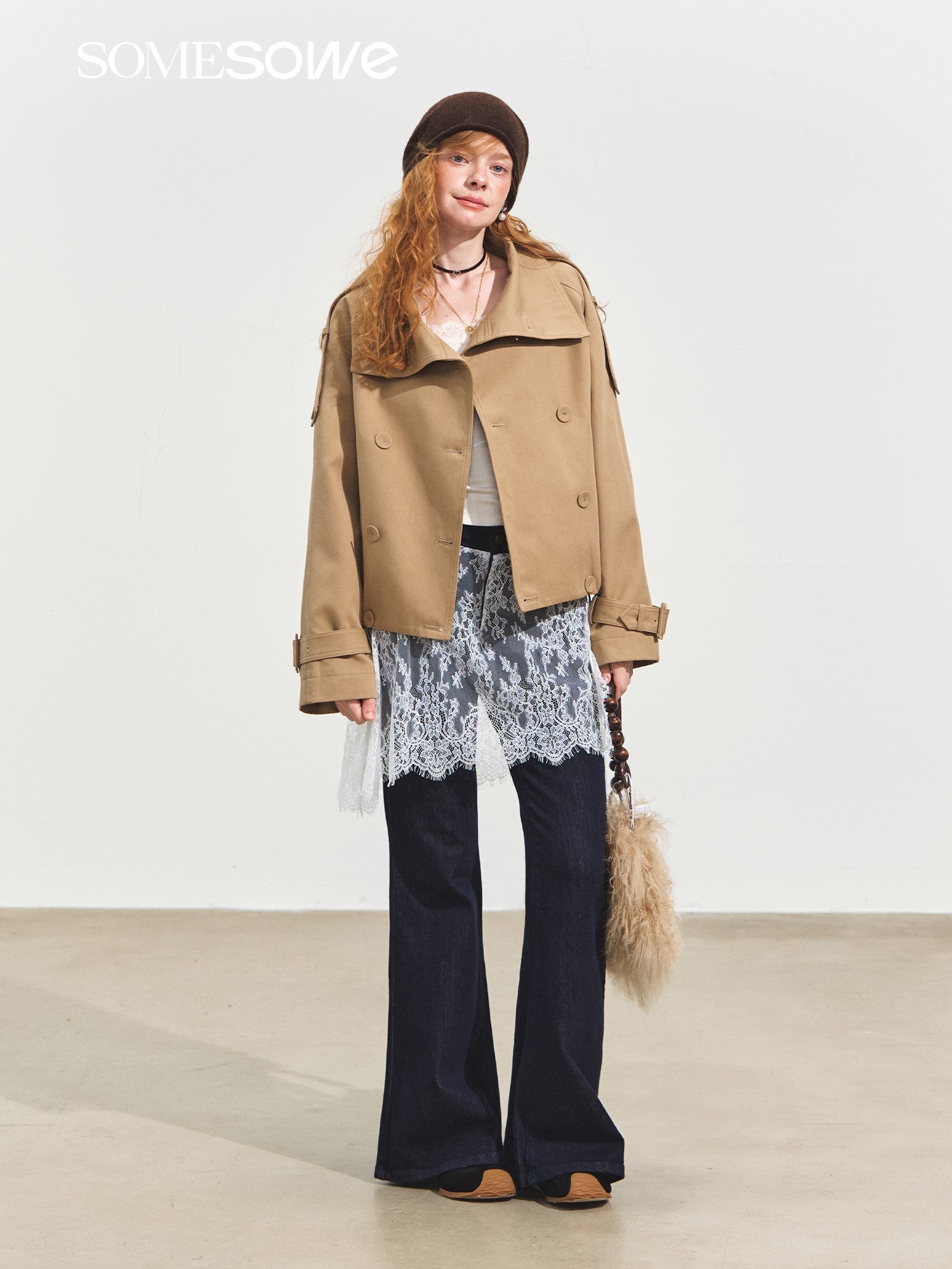 SOMESOWE Asymmetrical Collar Double - Breasted Short Trench Coat In Khaki | MADAX