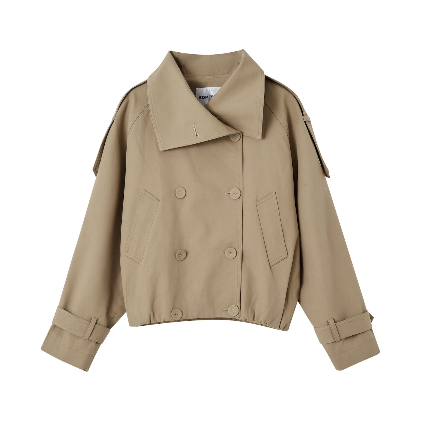 SOMESOWE Asymmetrical Collar Double - Breasted Short Trench Coat In Khaki | MADAX