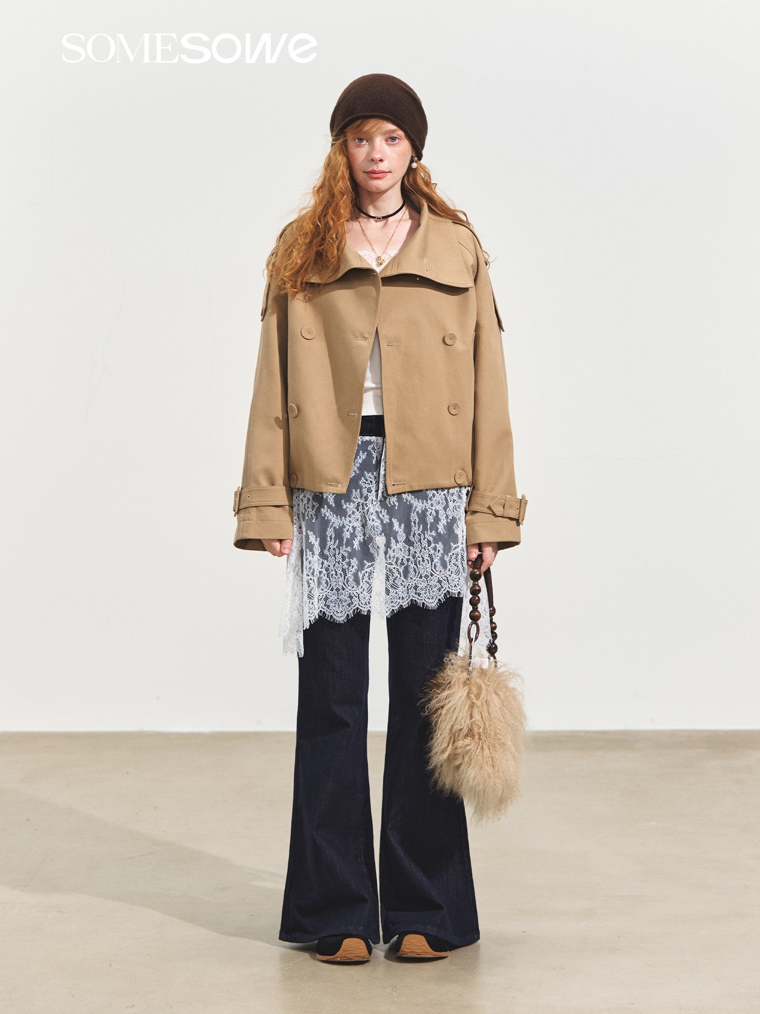 SOMESOWE Asymmetrical Collar Double - Breasted Short Trench Coat In Khaki | MADAX