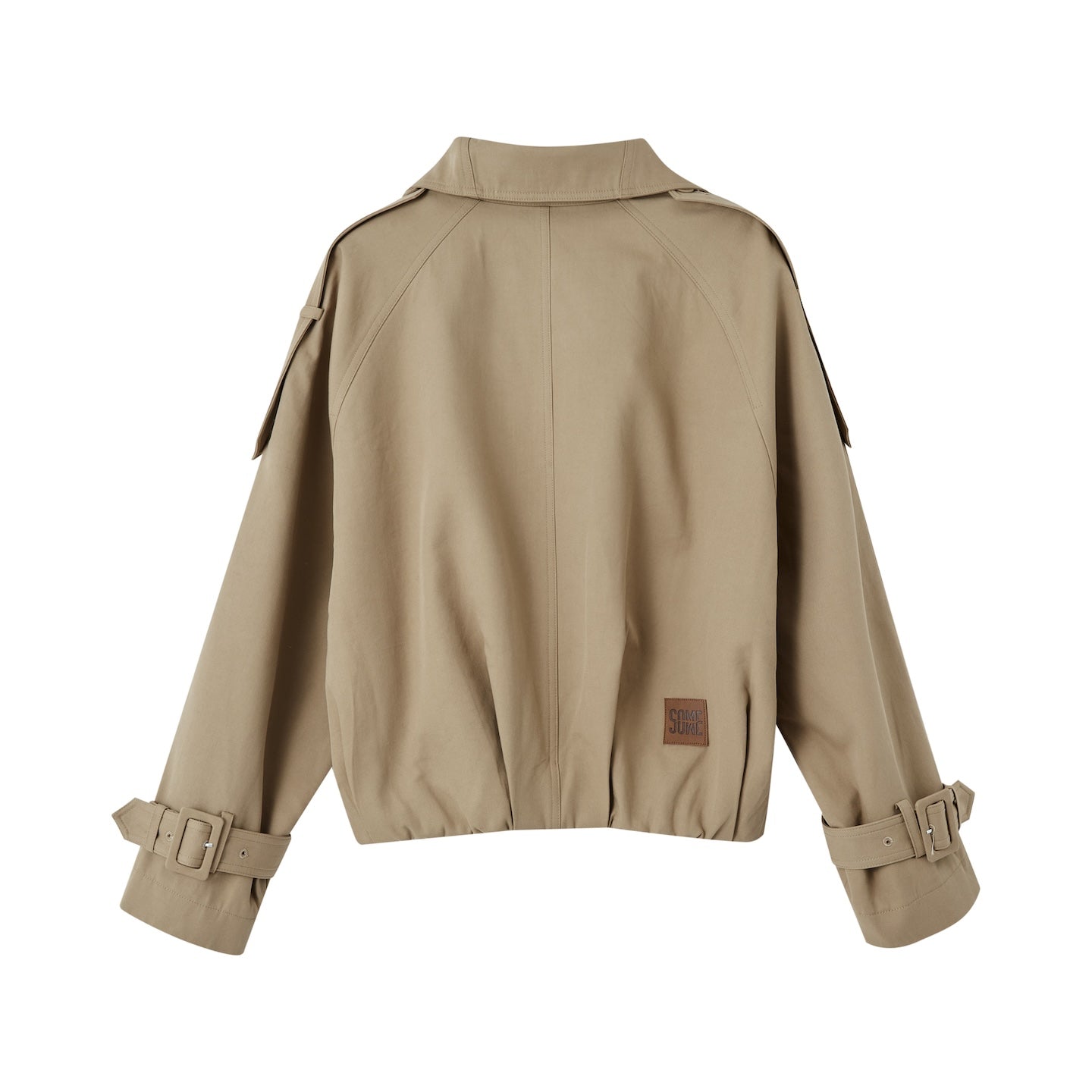 SOMESOWE Asymmetrical Collar Double - Breasted Short Trench Coat In Khaki | MADAX