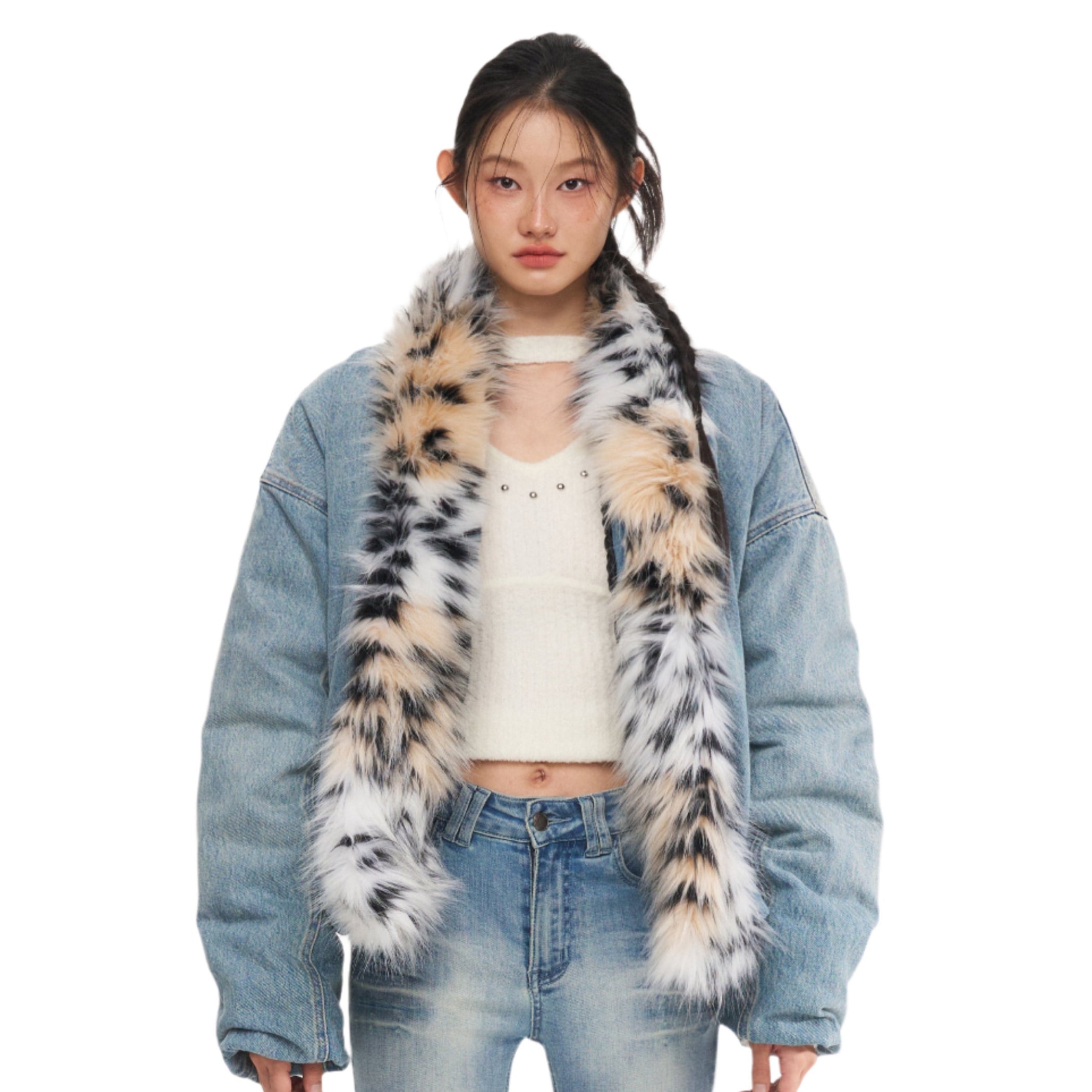 Denim Leopard-Print Fur Collar Jacket