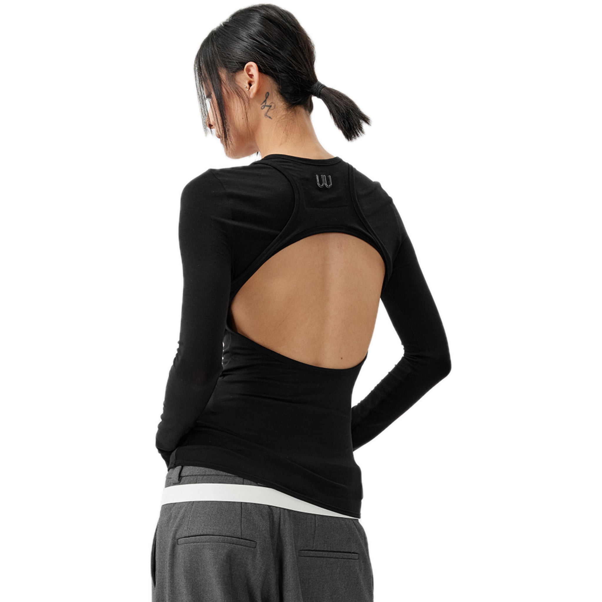 UNAWARES Backless Fake Two Long Sleeved Tops In Black | MADAX