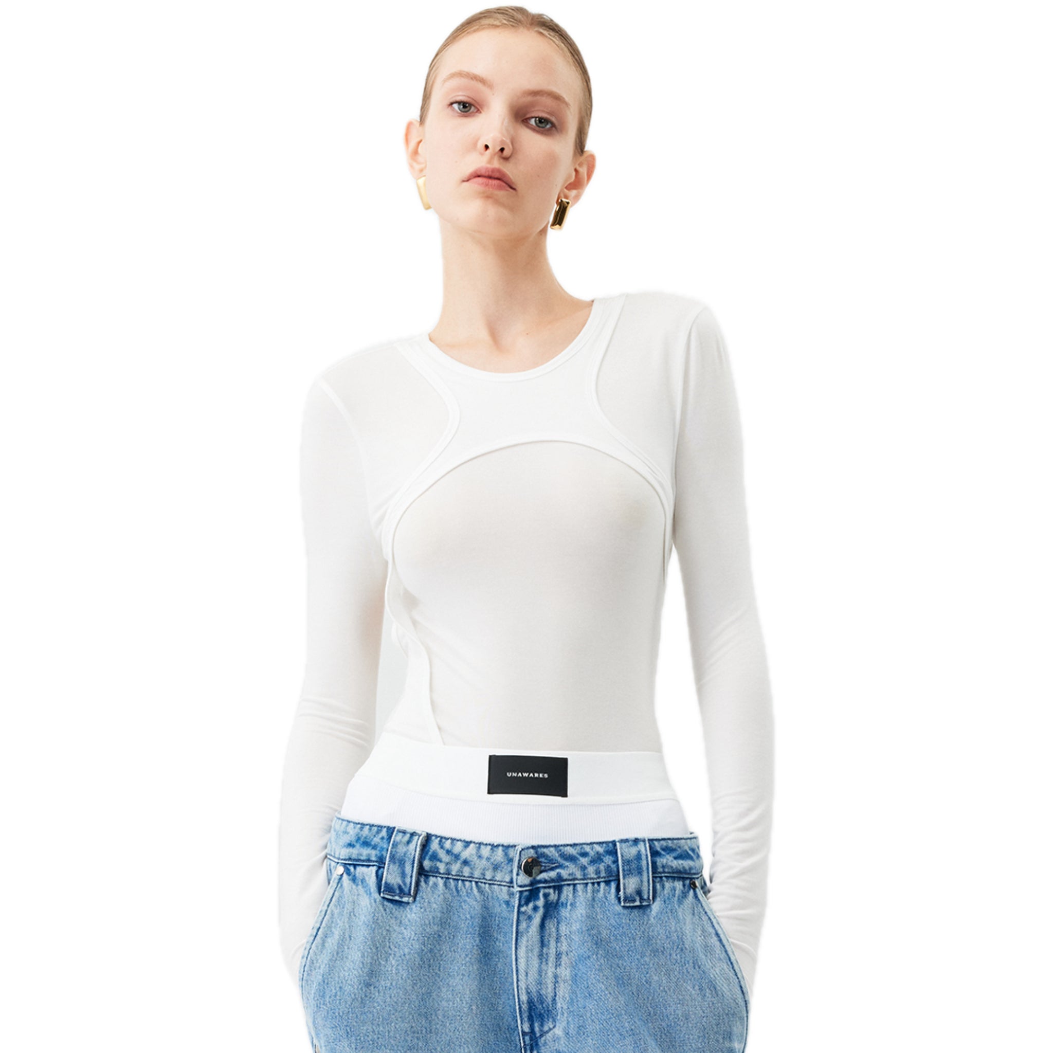 UNAWARES Backless Fake Two Long Sleeved Tops In White | MADAX