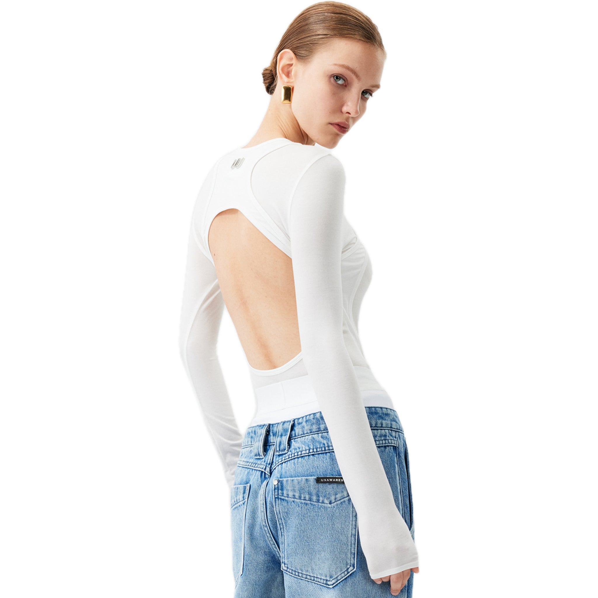 UNAWARES Backless Fake Two Long Sleeved Tops In White | MADAX