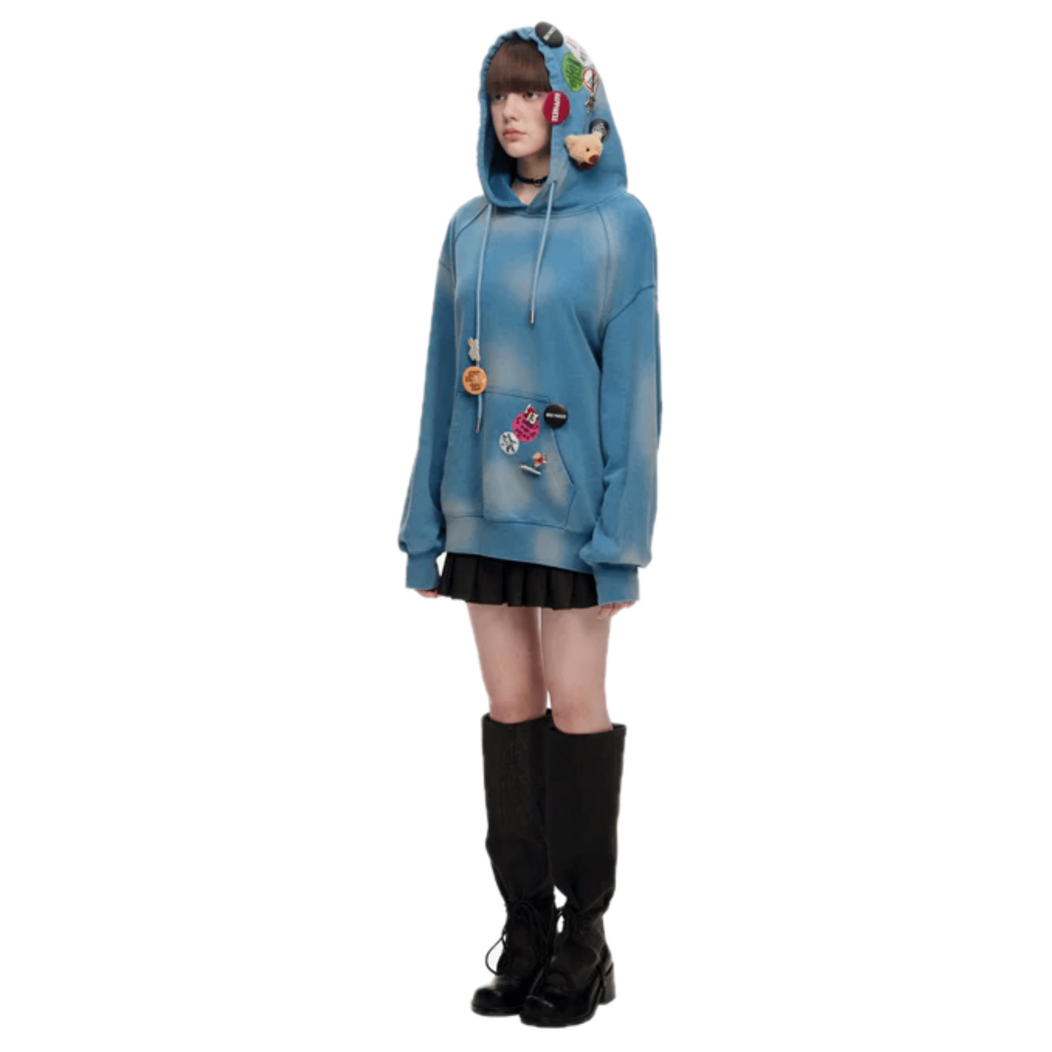 13DE MARZO Badge Distressed Hoodie in Blue | MADAX