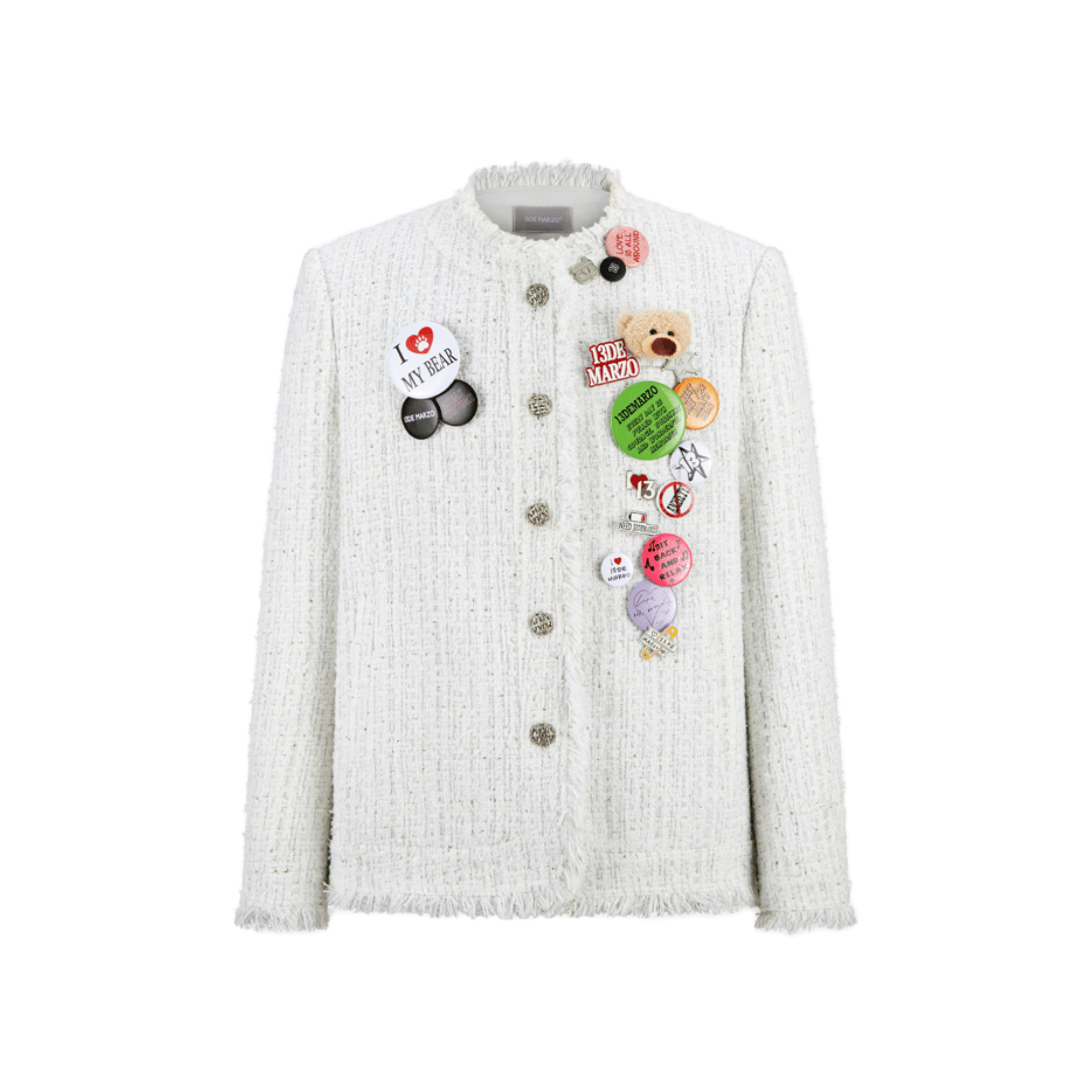 13DE MARZO Badge Vintage Tweed Jacket in White | MADAX