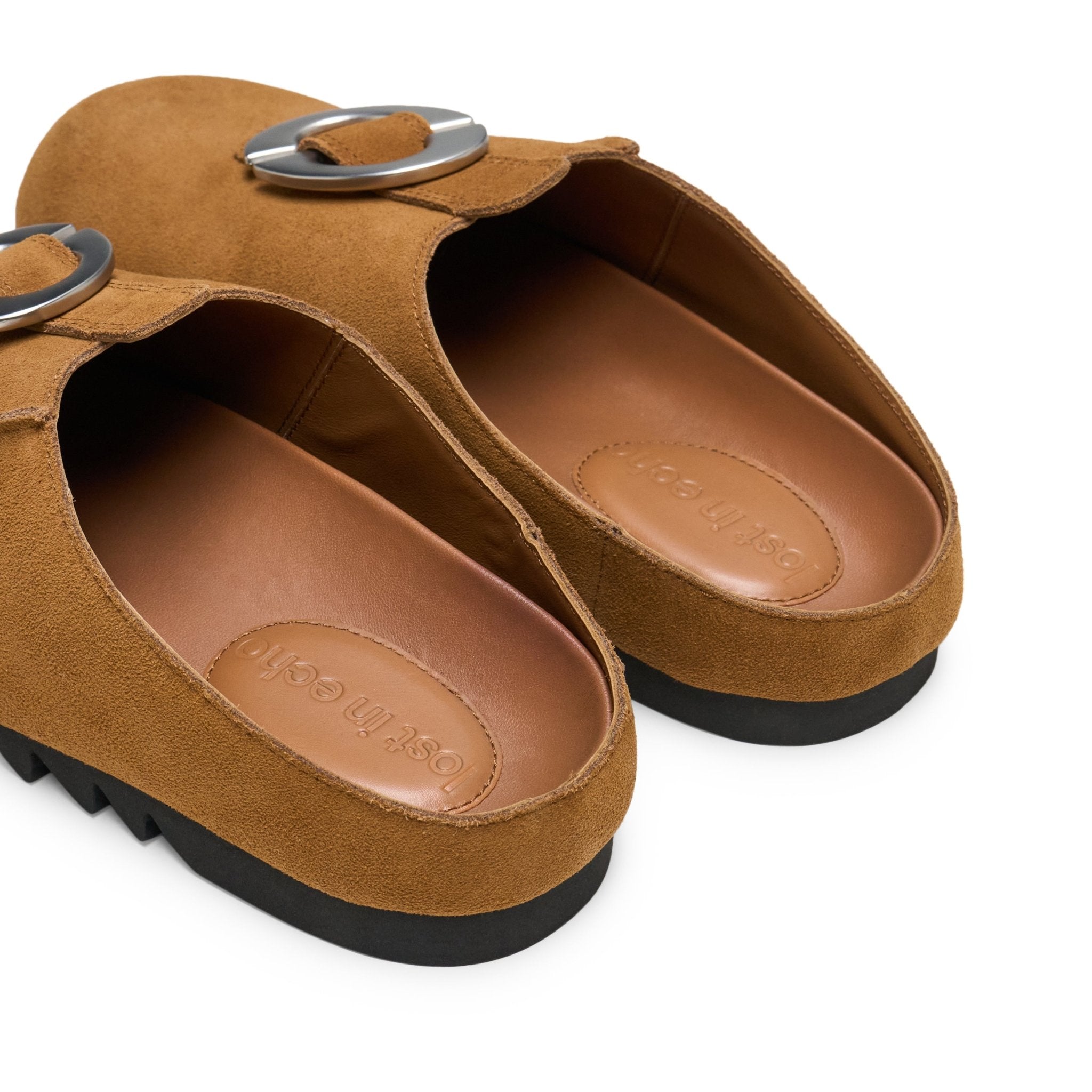 LOST IN ECHO Baut Buttoned With Serrated Bottom Birkenstock Slippers In Brown | MADAX