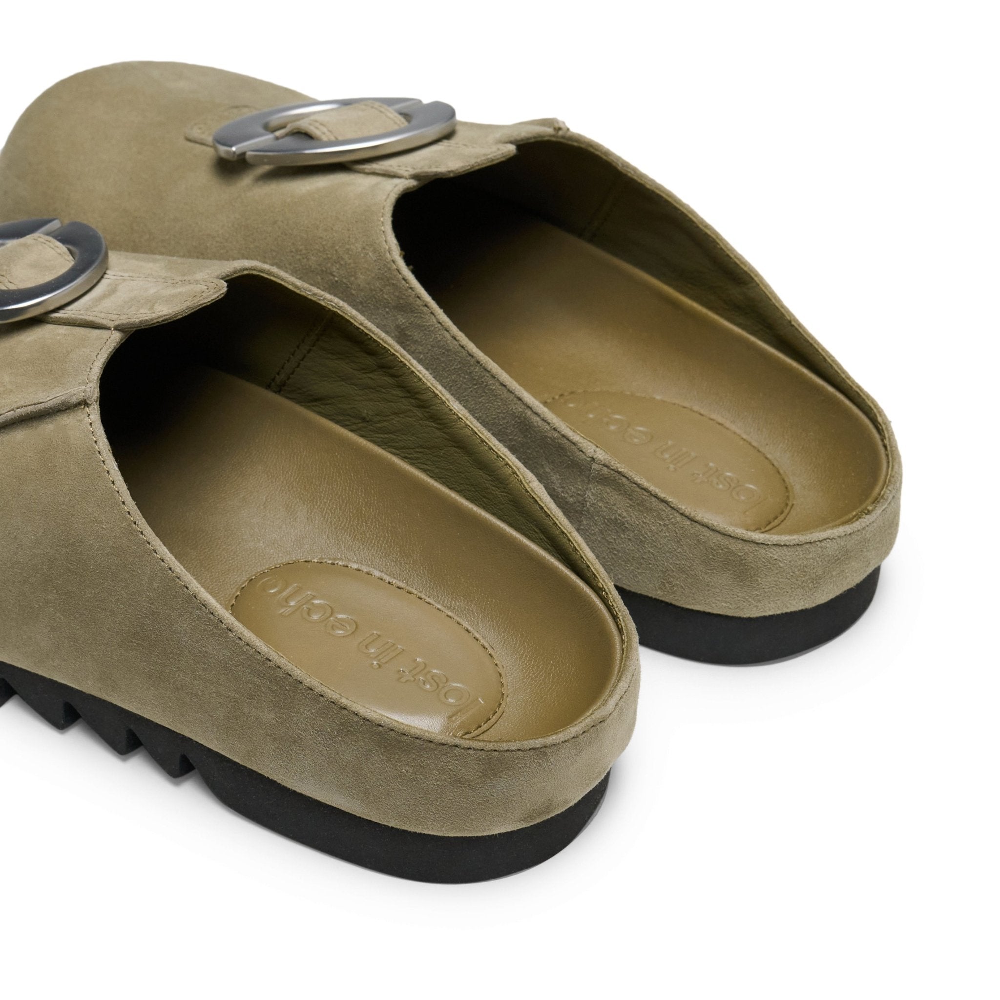 LOST IN ECHO Baut Buttoned With Serrated Bottom Birkenstock Slippers In Gray Green | MADAX