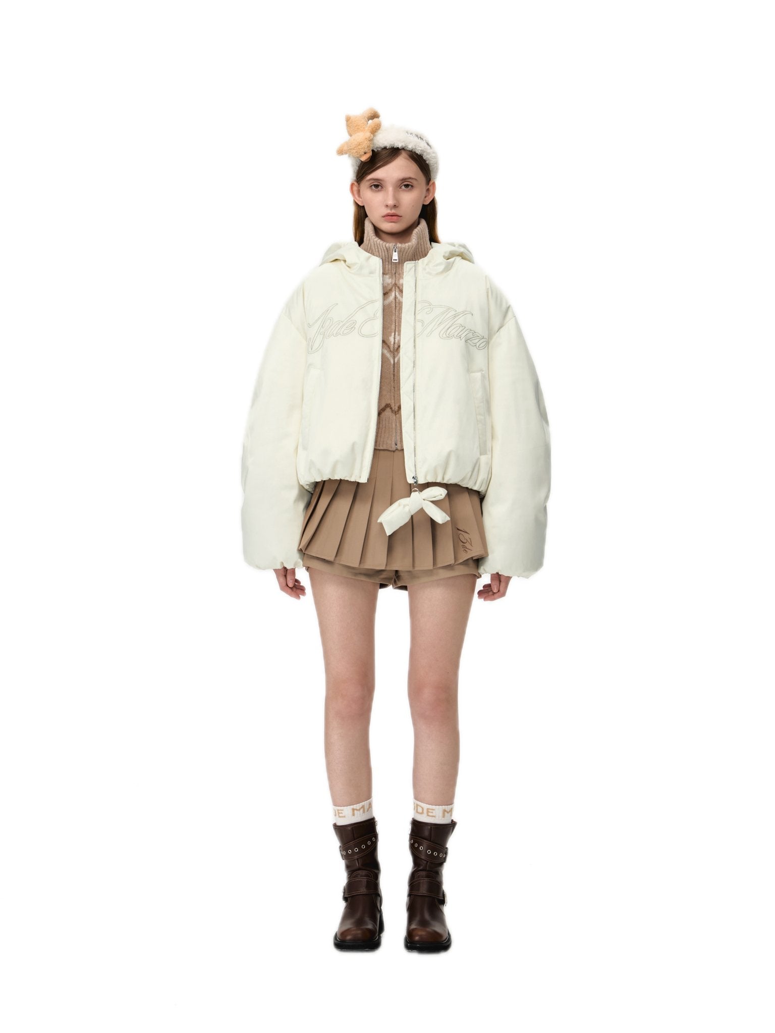 13DE MARZO Bear A Bow Silky Down Jacket In Whte | MADAX