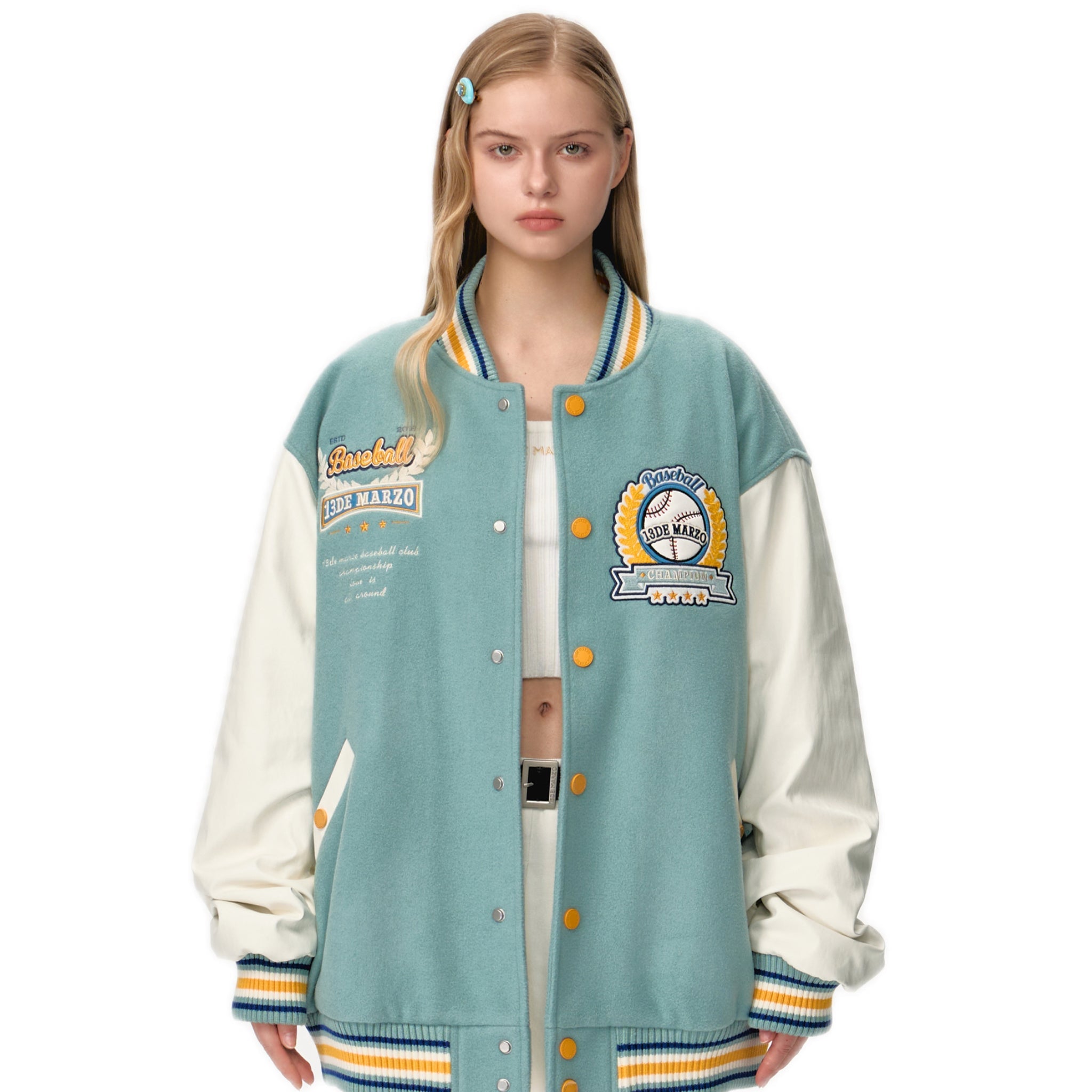 13DE MARZO Bear Baseball League Jacket In Lake Blue | MADAX