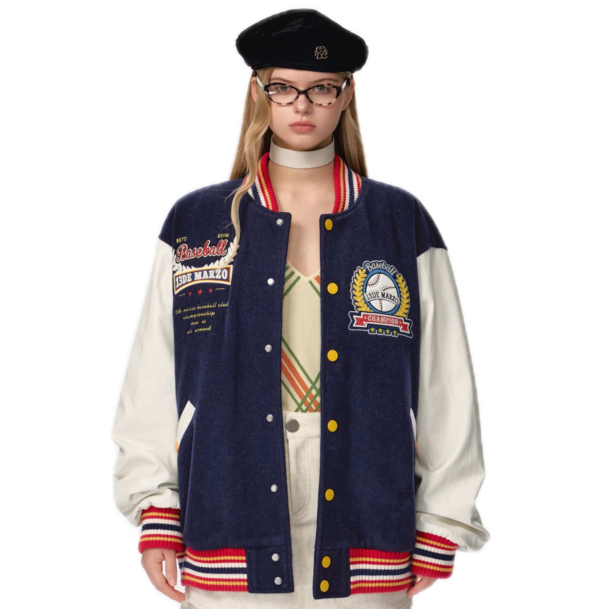 13DE MARZO Bear Baseball League Jacket In Navy Blue | MADAX