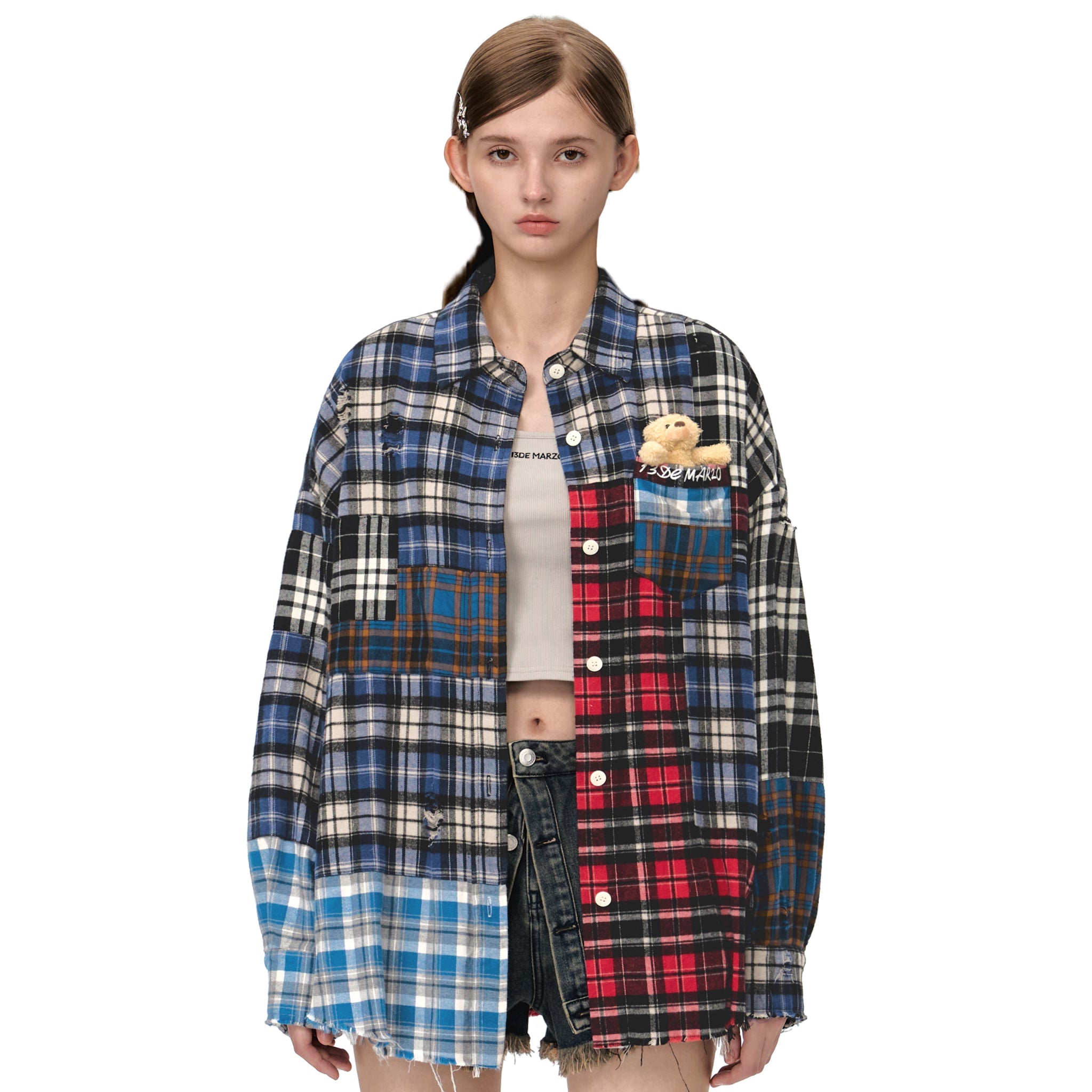 13DE MARZO Bear Broken Plaid Patch Shirt | MADAX