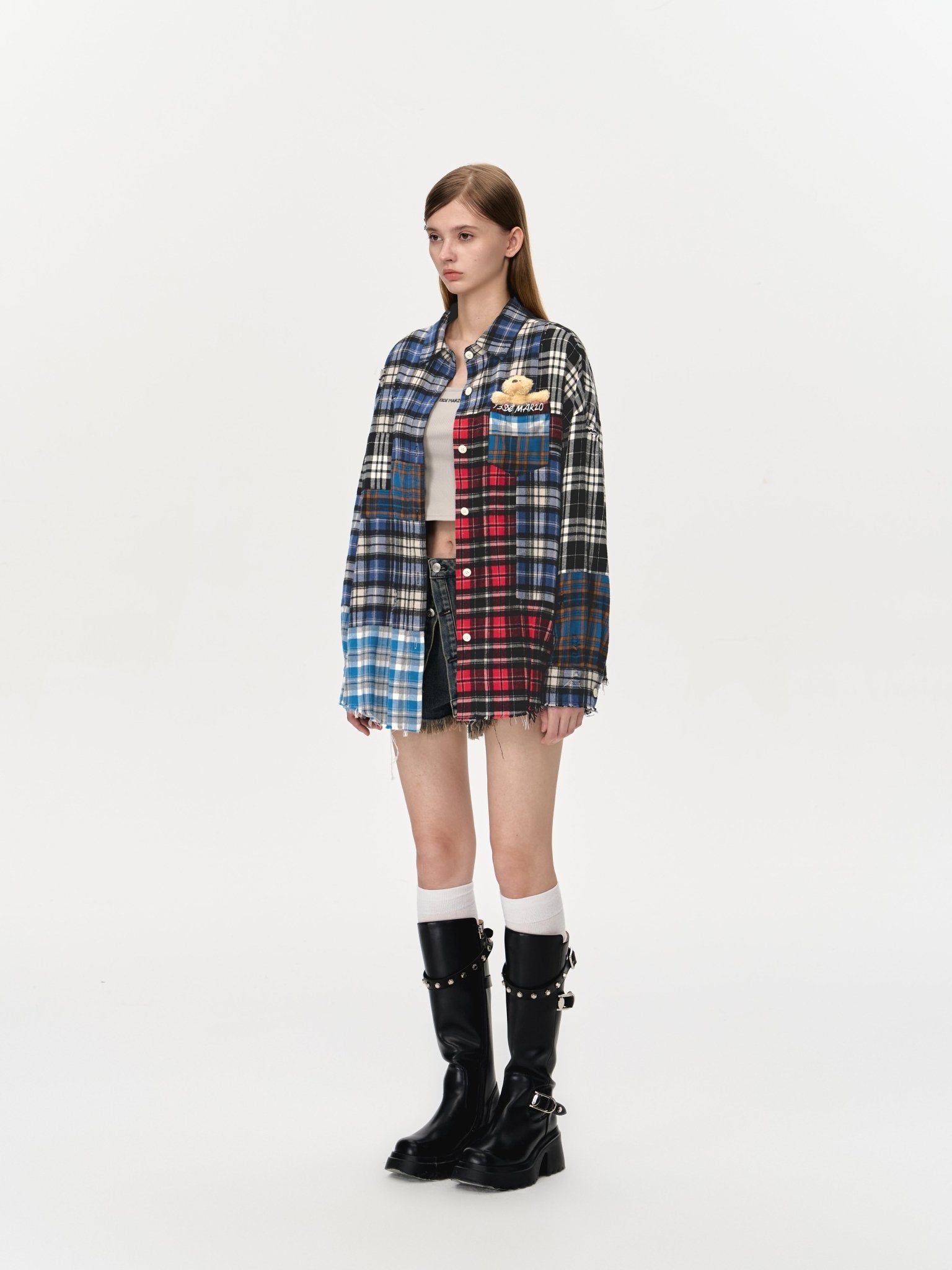 13DE MARZO Bear Broken Plaid Patch Shirt | MADAX