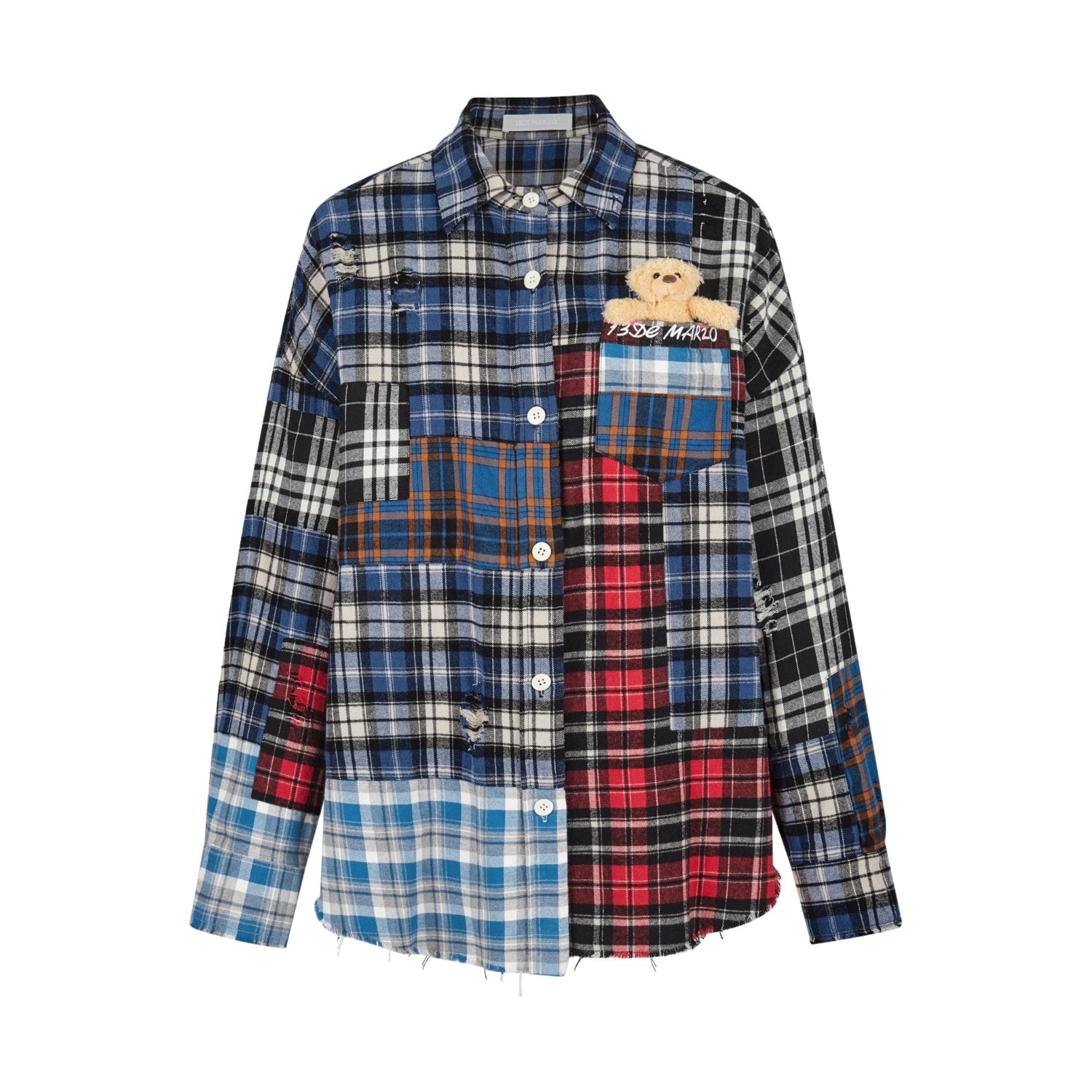 13DE MARZO Bear Broken Plaid Patch Shirt | MADAX