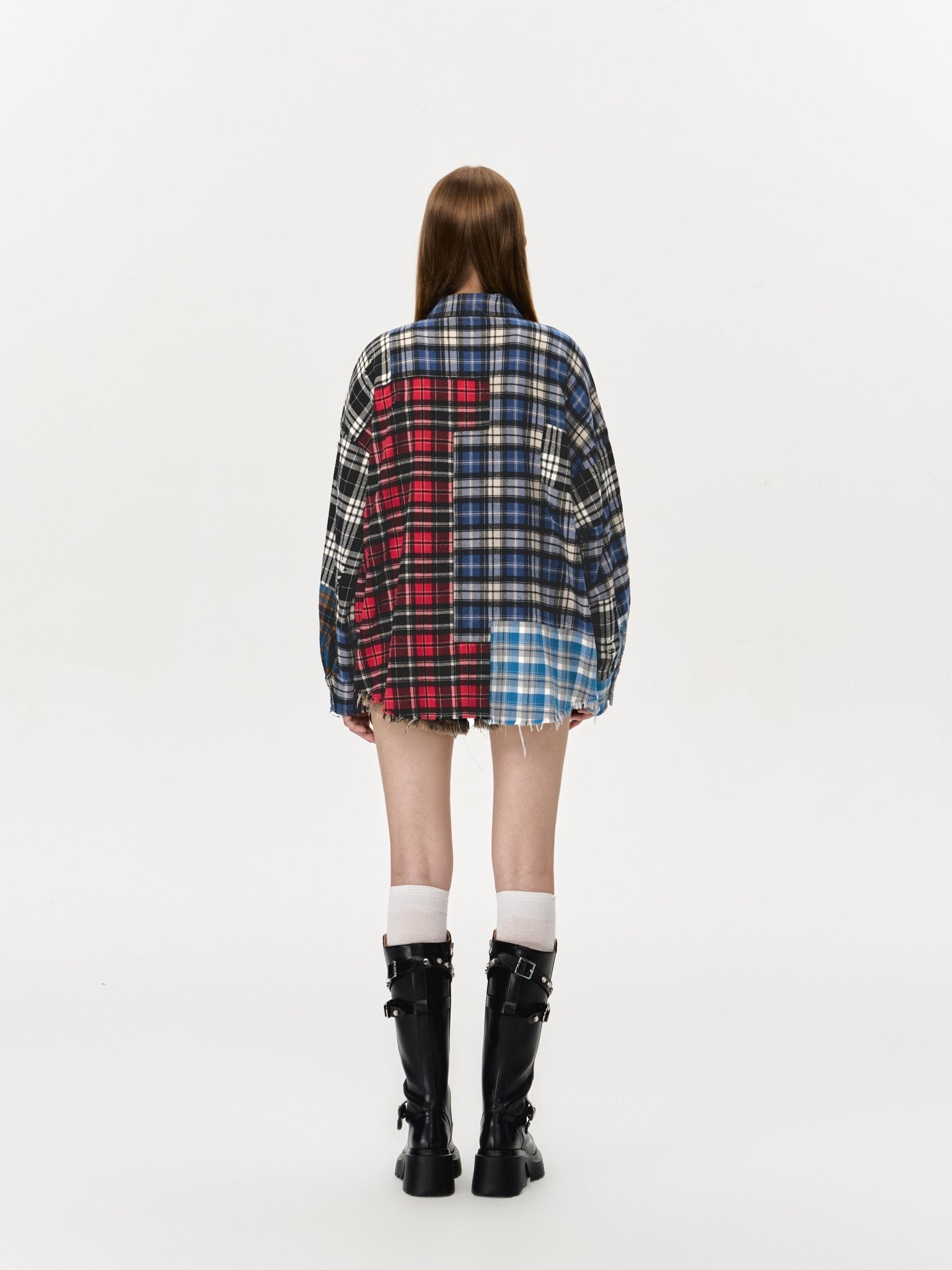 13DE MARZO Bear Broken Plaid Patch Shirt | MADAX