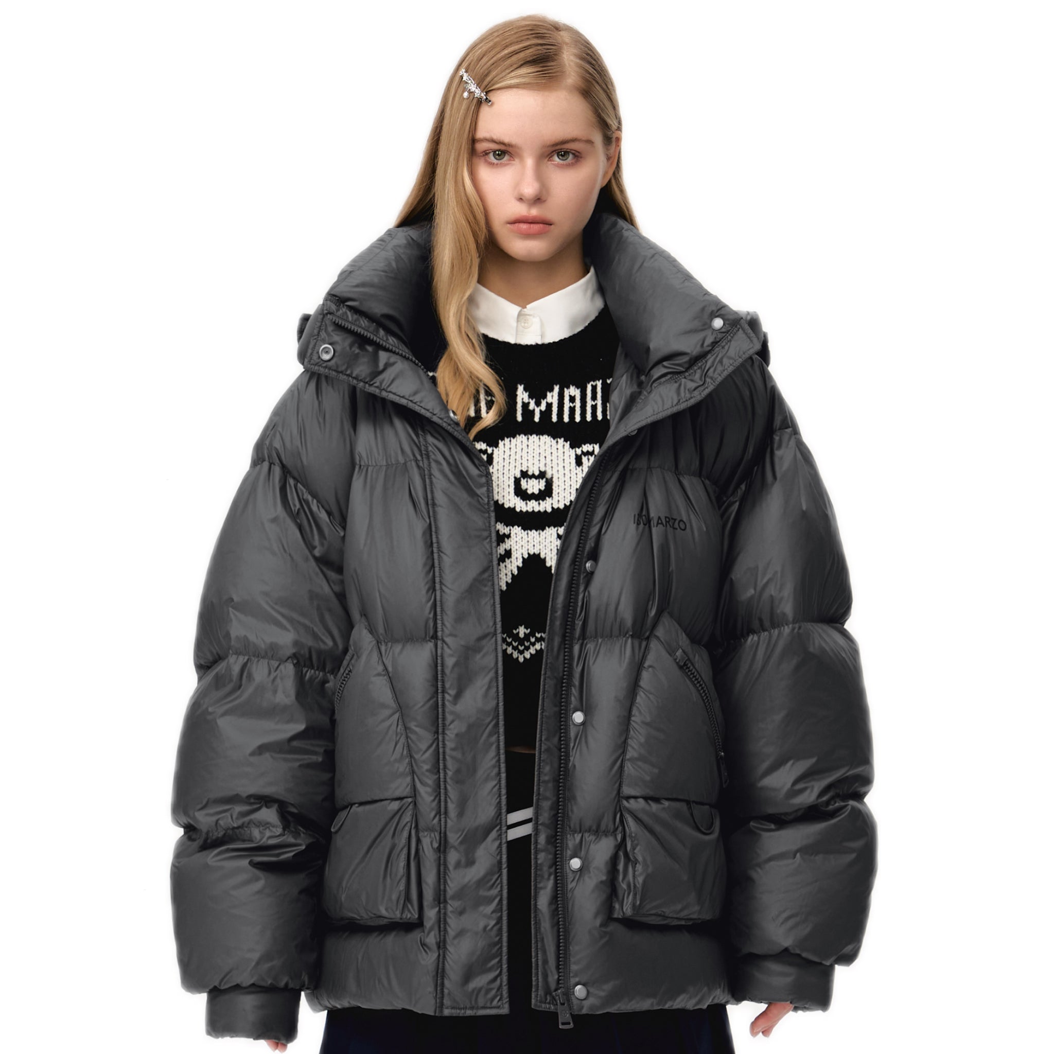 13DE MARZO Bear Embossment Down Jacket In Black | MADAX