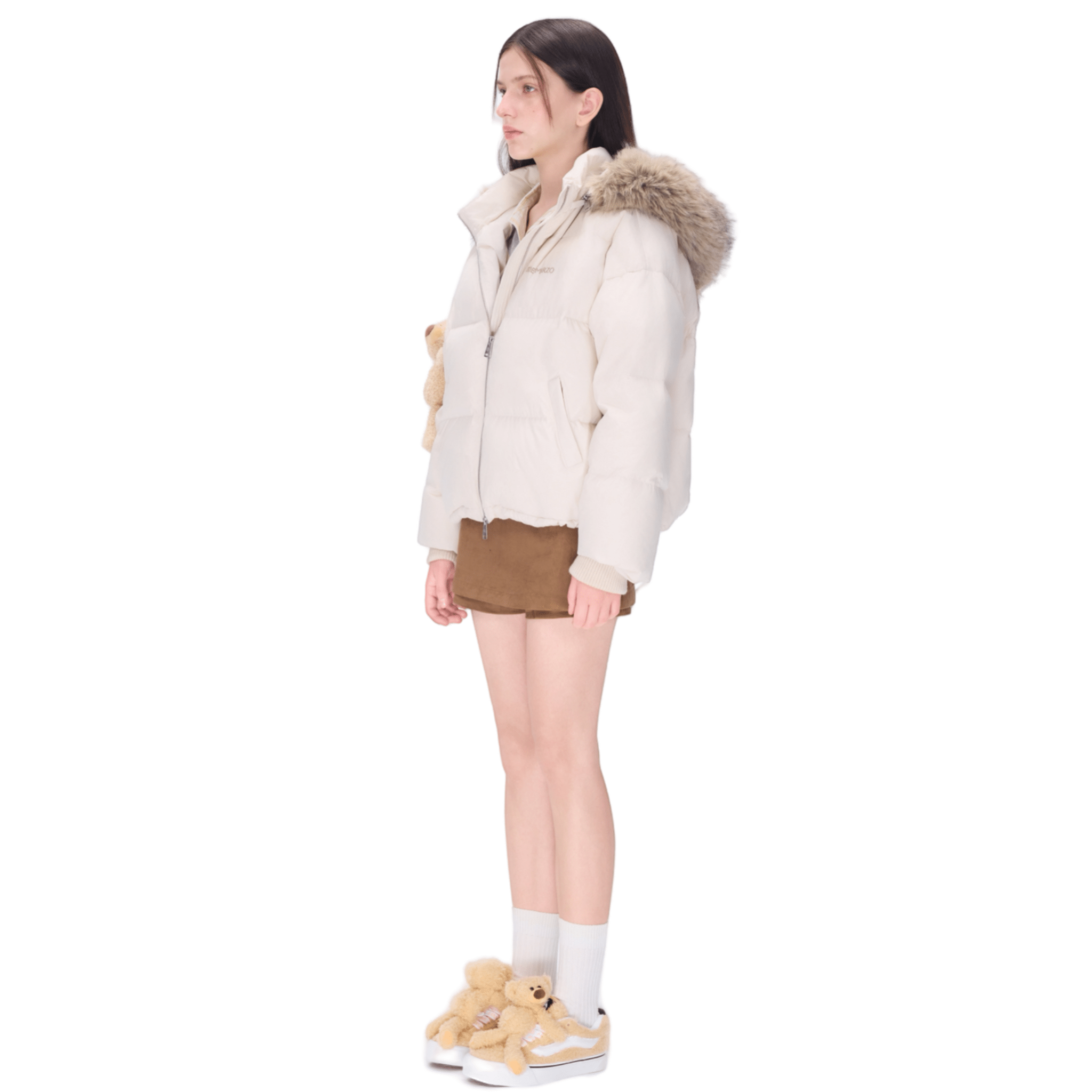 13DE MARZO Bear Fuzzy Hood Down Jacket in Beige | MADAX