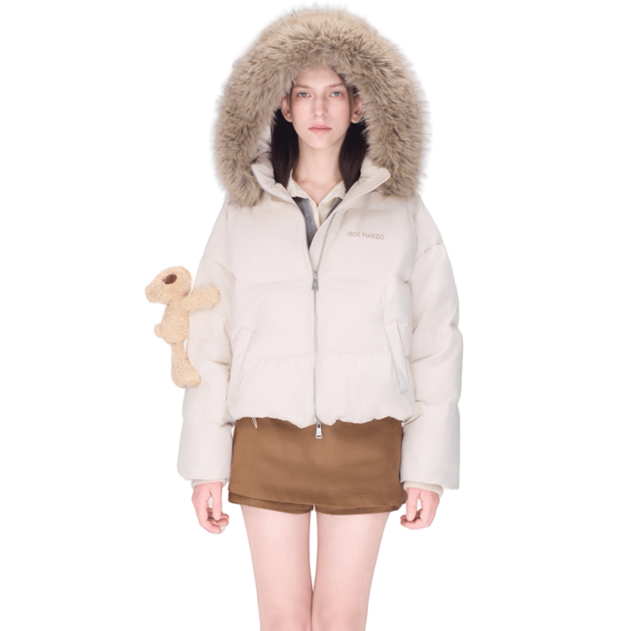 13DE MARZO Bear Fuzzy Hood Down Jacket in Beige | MADAX