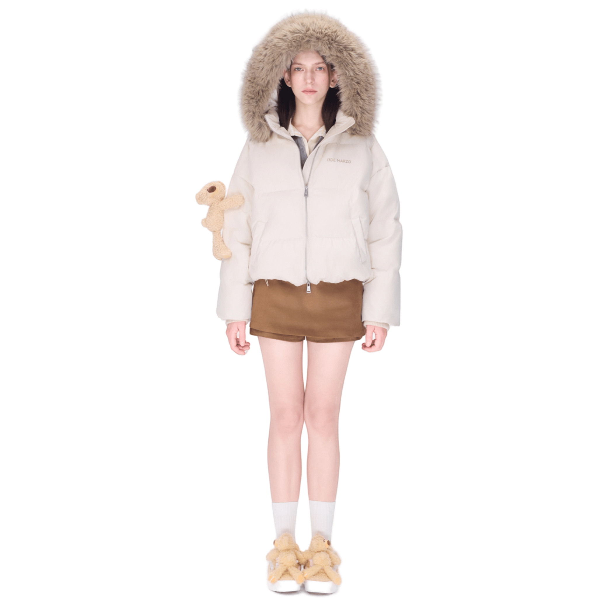 13DE MARZO Bear Fuzzy Hood Down Jacket in Beige | MADAX