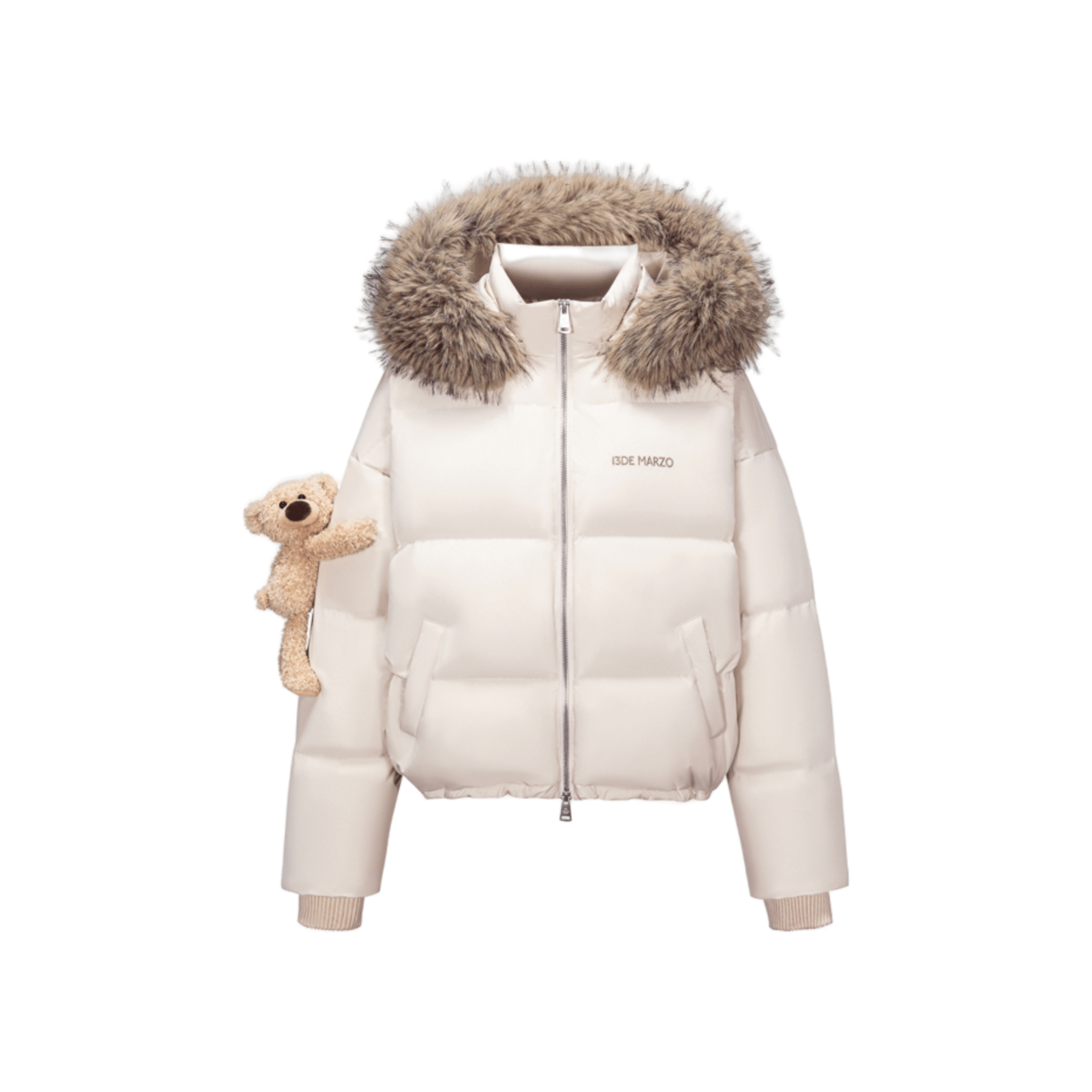 13DE MARZO Bear Fuzzy Hood Down Jacket in Beige | MADAX