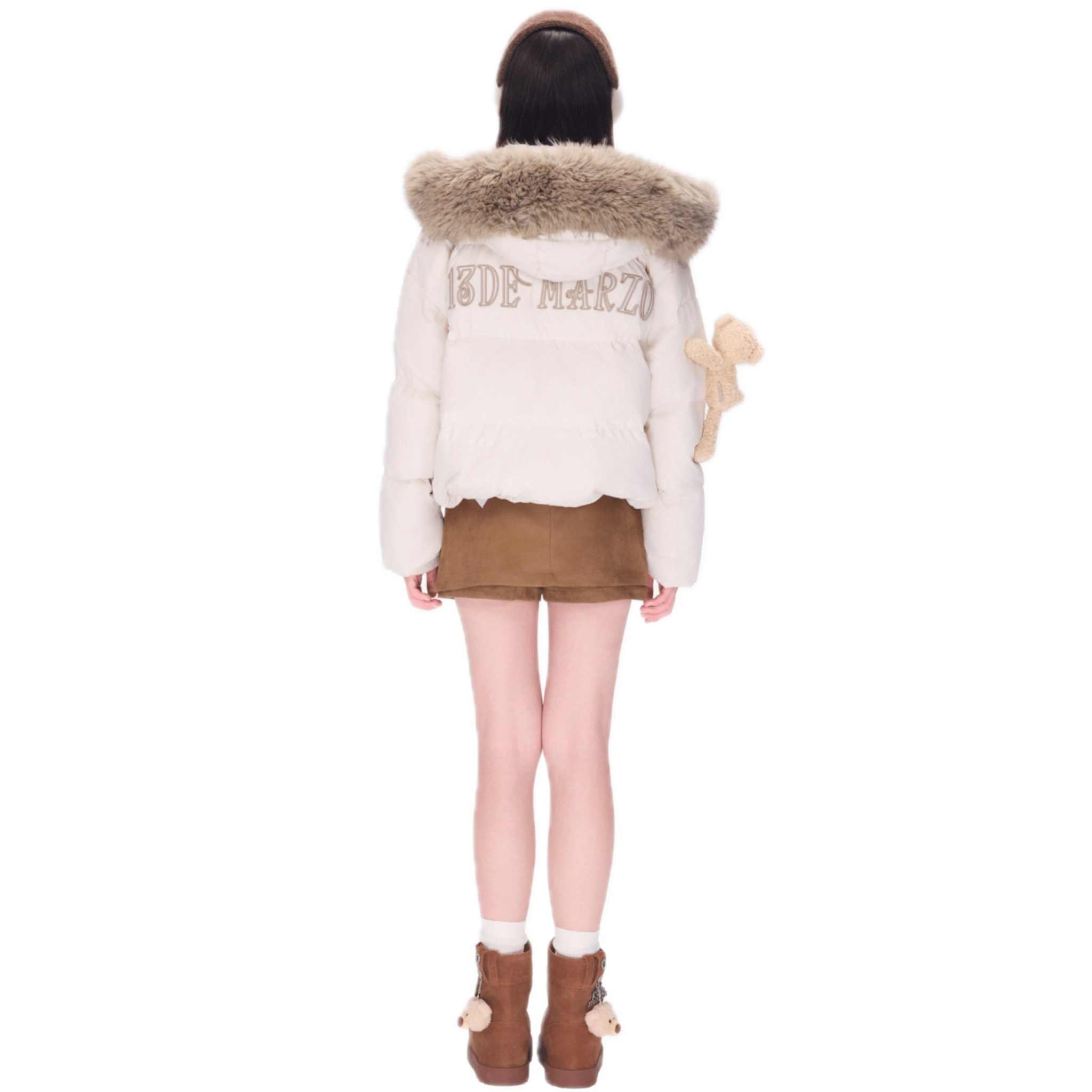 13DE MARZO Bear Fuzzy Hood Down Jacket in Beige | MADAX