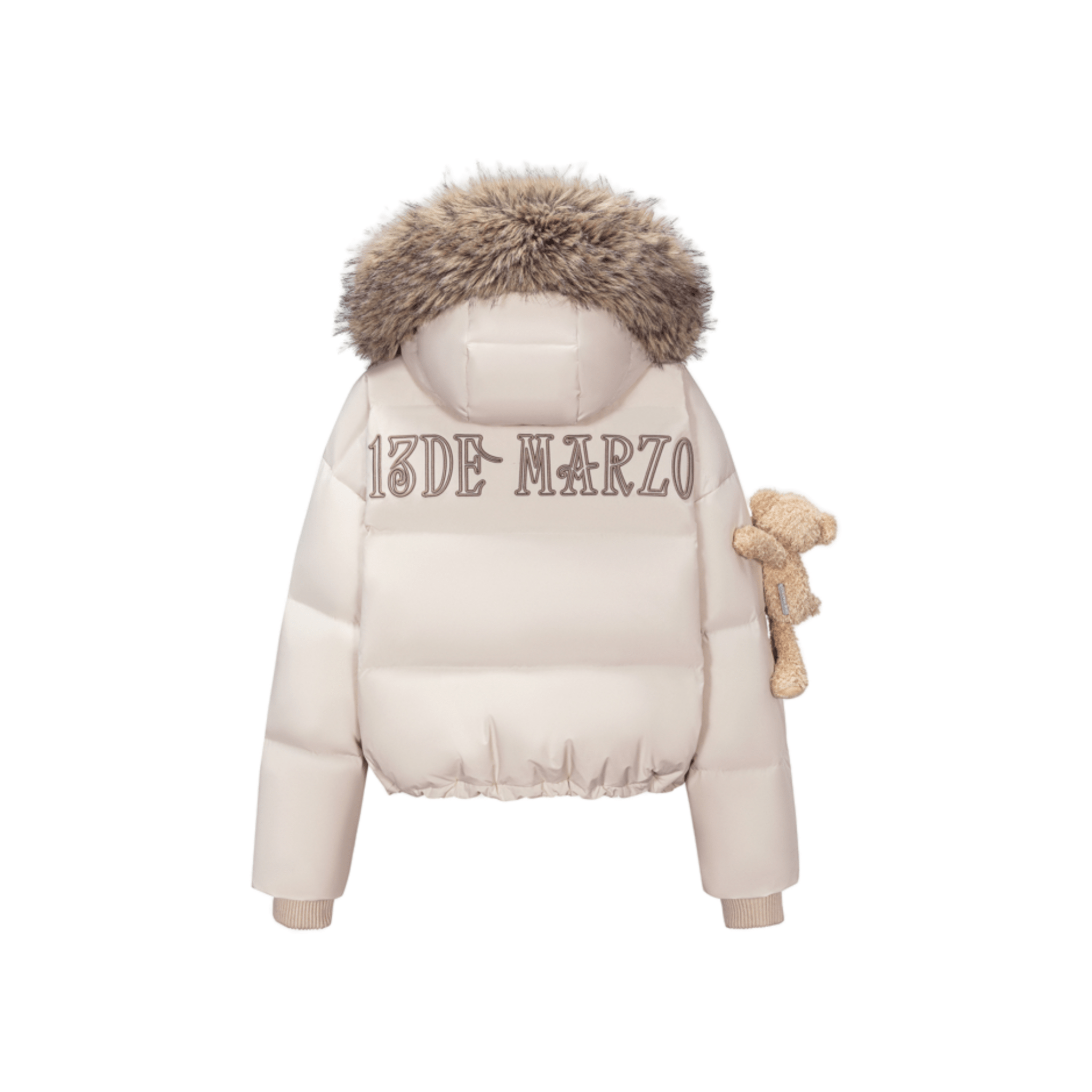 13DE MARZO Bear Fuzzy Hood Down Jacket in Beige | MADAX