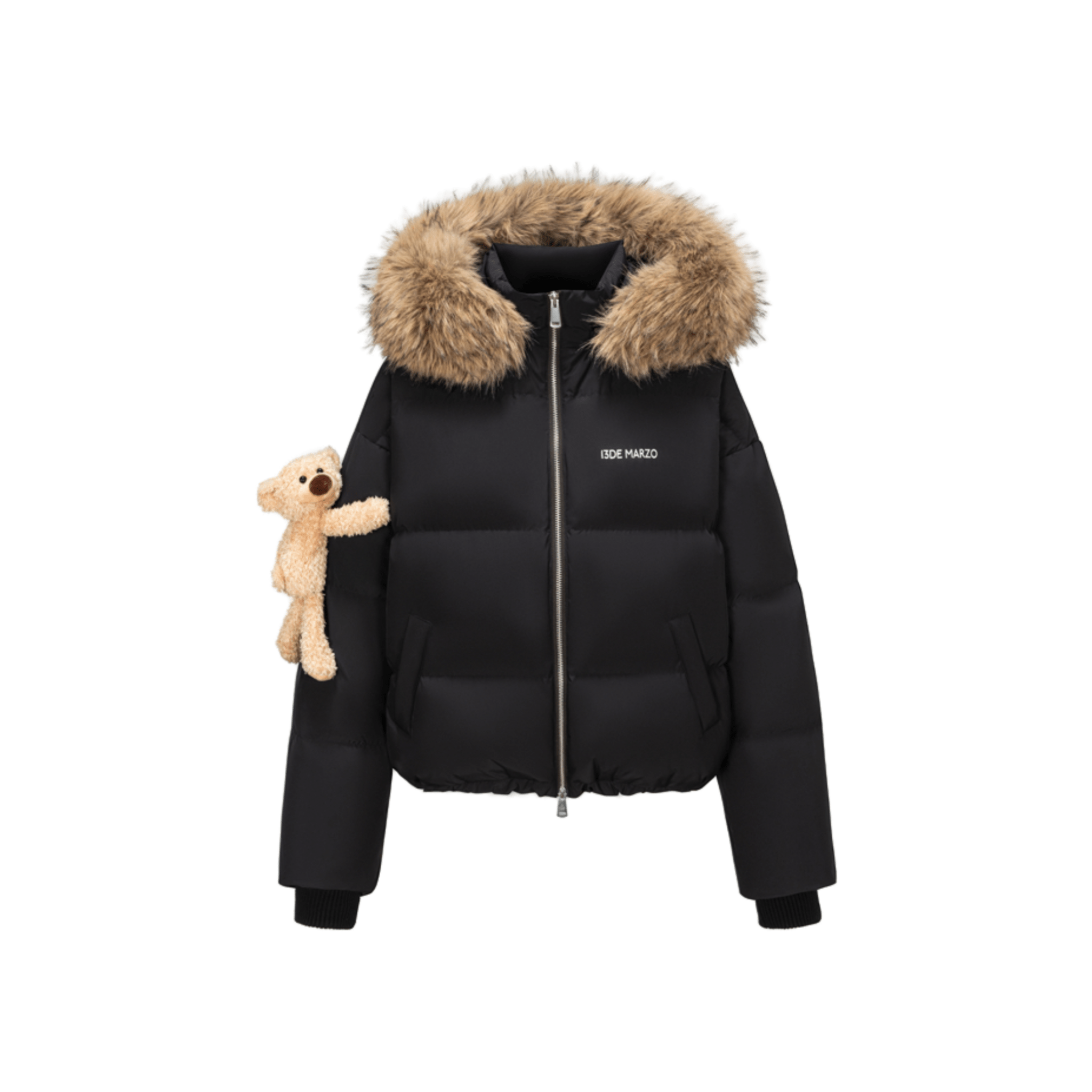 13DE MARZO Bear Fuzzy Hood Down Jacket in Black | MADAX