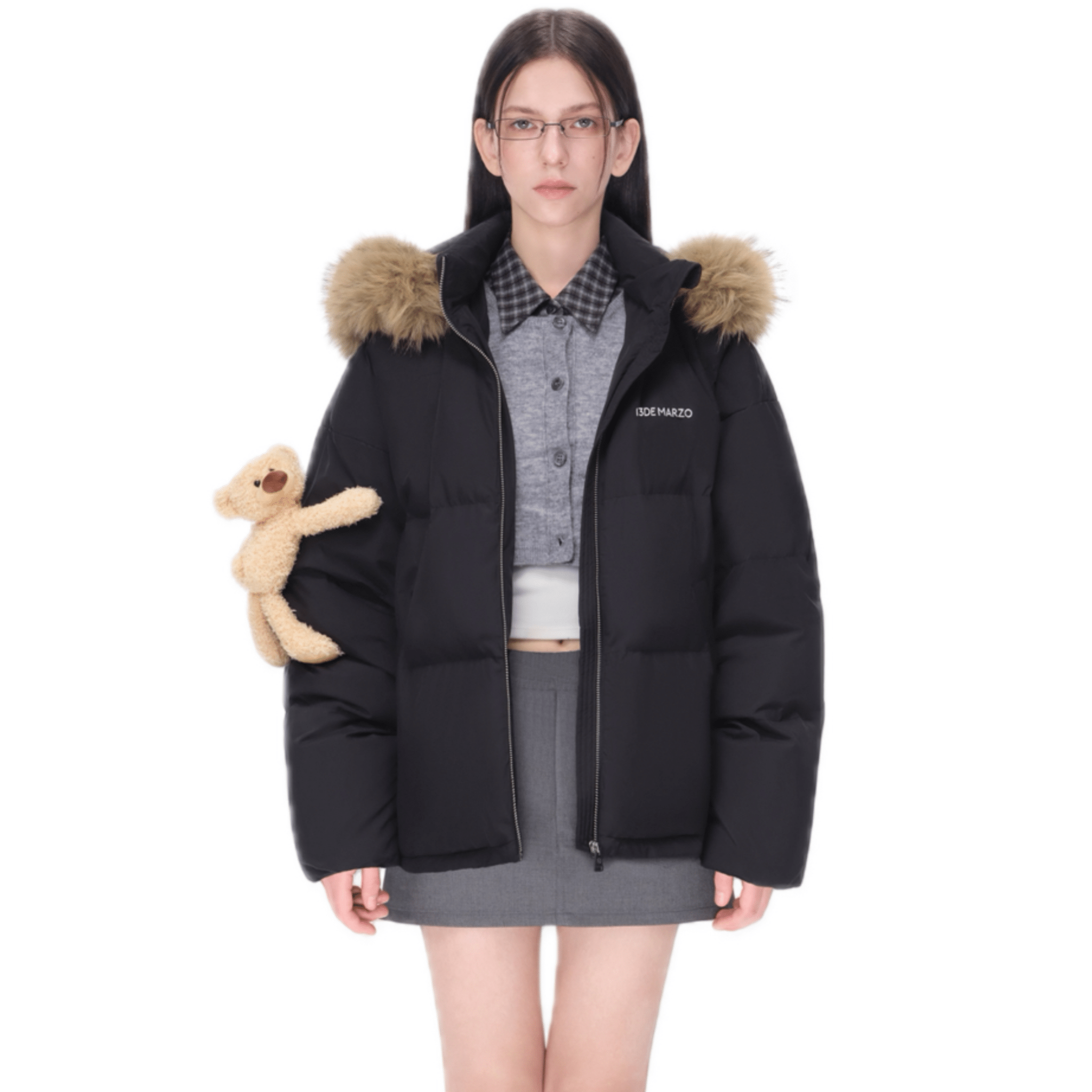 13DE MARZO Bear Fuzzy Hood Down Jacket in Black | MADAX