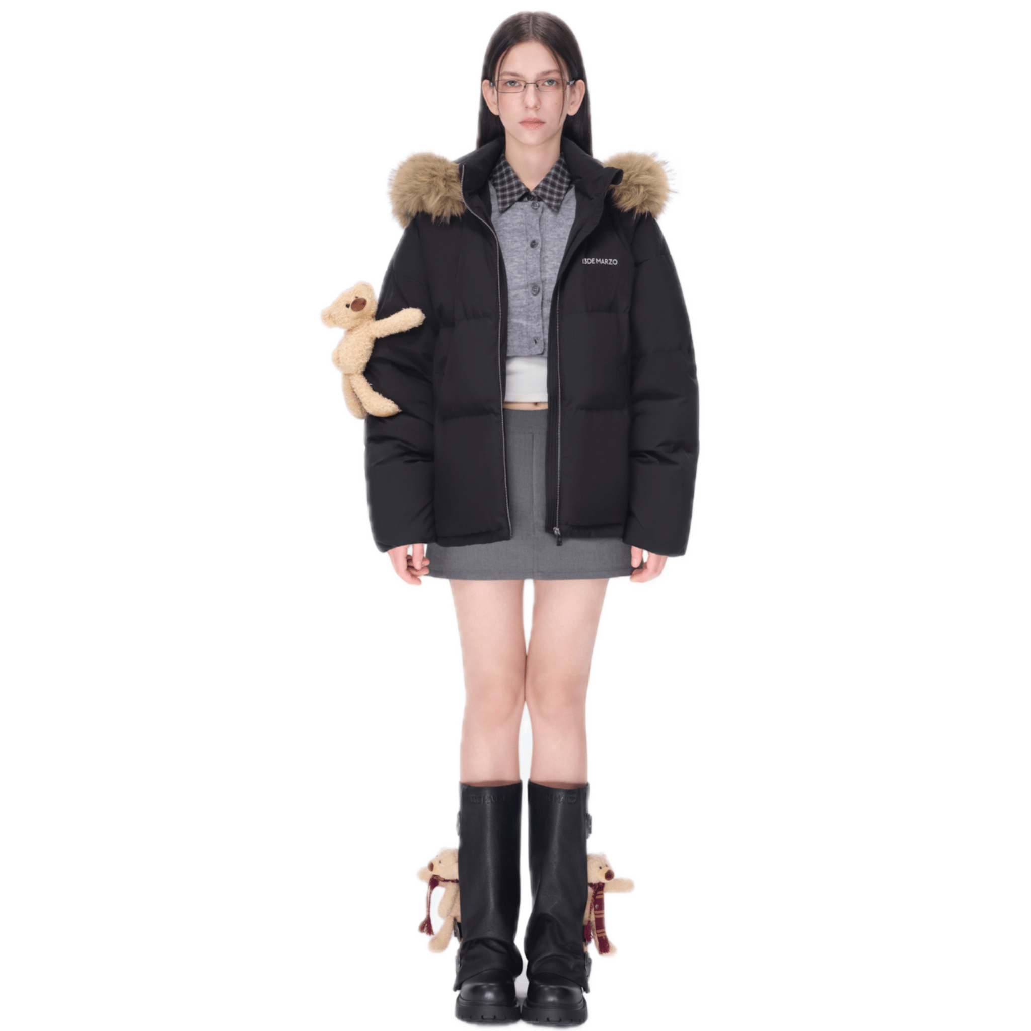 13DE MARZO Bear Fuzzy Hood Down Jacket in Black | MADAX