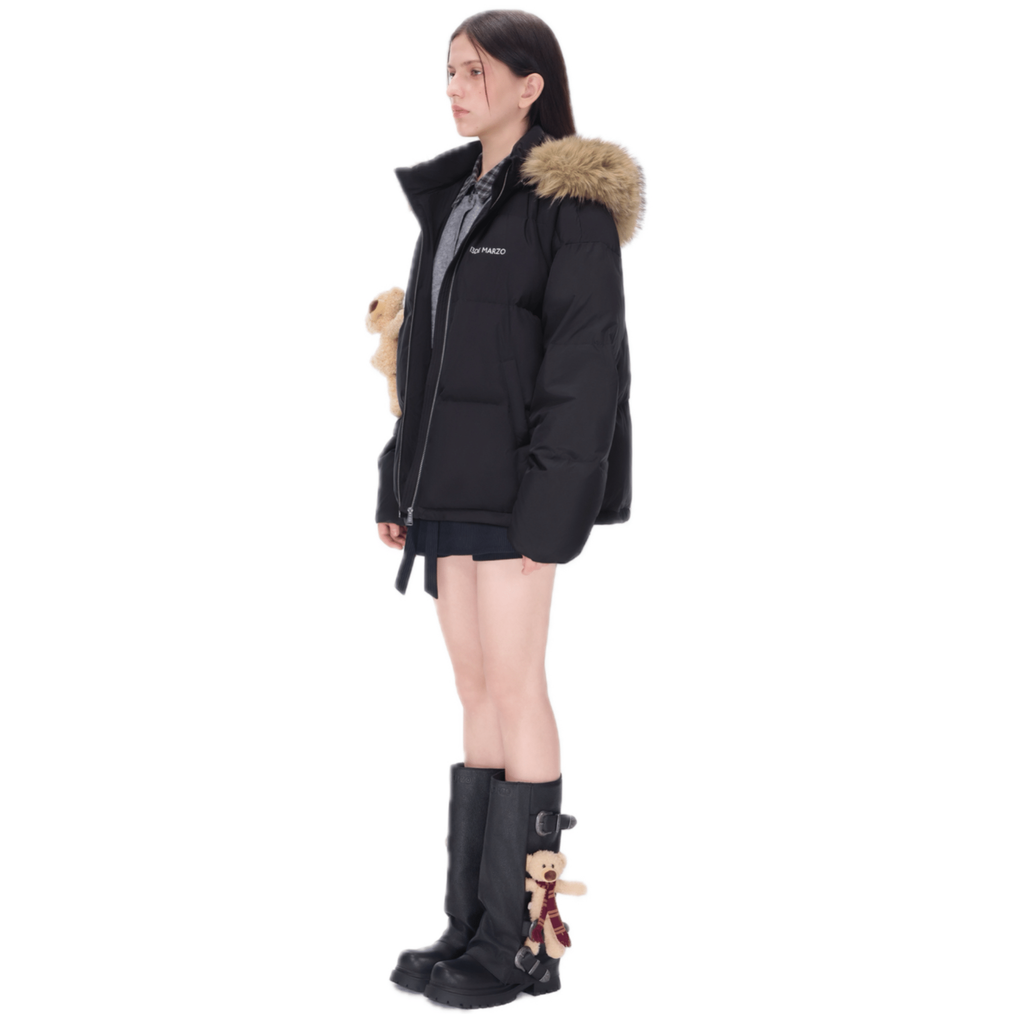 13DE MARZO Bear Fuzzy Hood Down Jacket in Black | MADAX