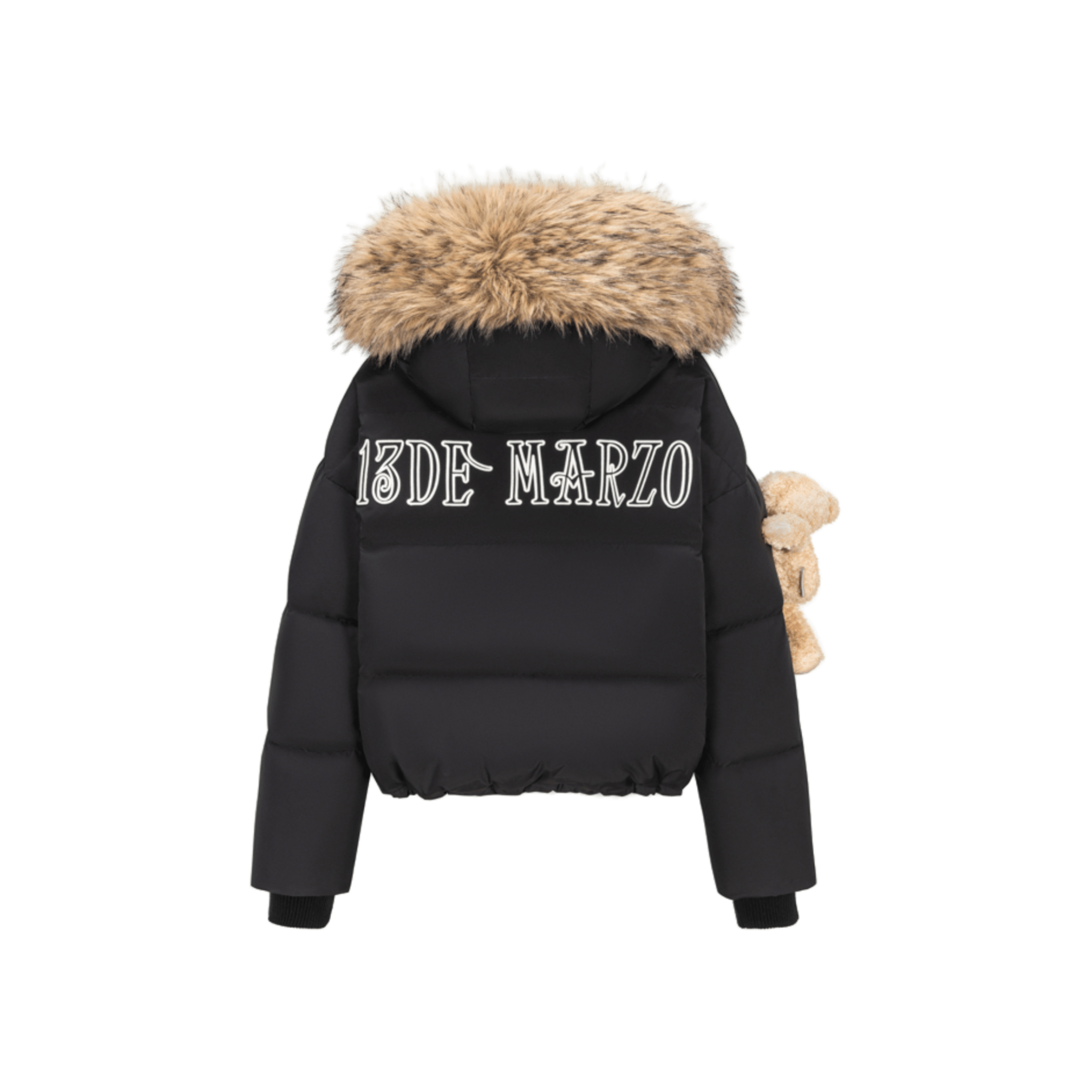 13DE MARZO Bear Fuzzy Hood Down Jacket in Black | MADAX