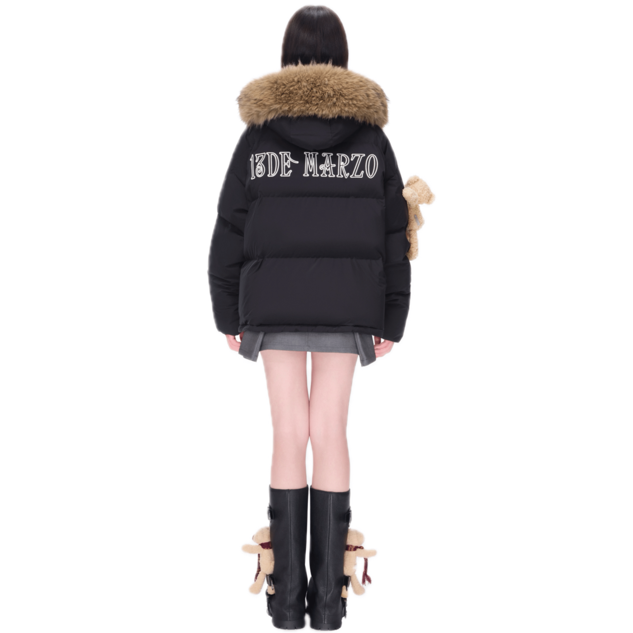 13DE MARZO Bear Fuzzy Hood Down Jacket in Black | MADAX