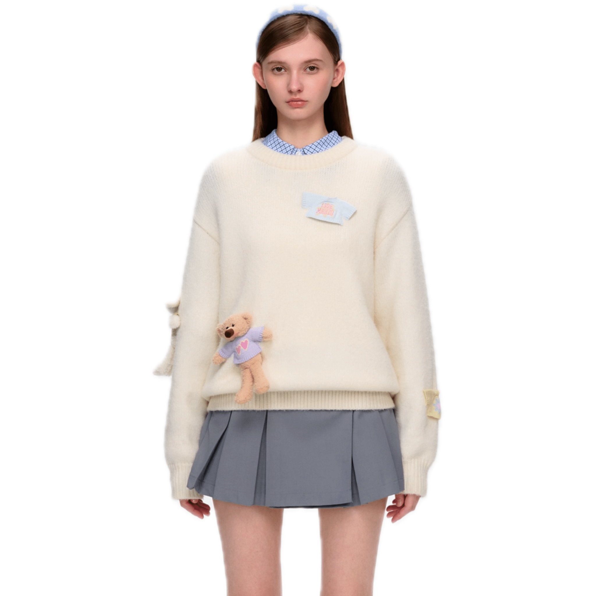 13DE MARZO Bear Sweater Pullover Round Neck Sweater in Beige | MADAX