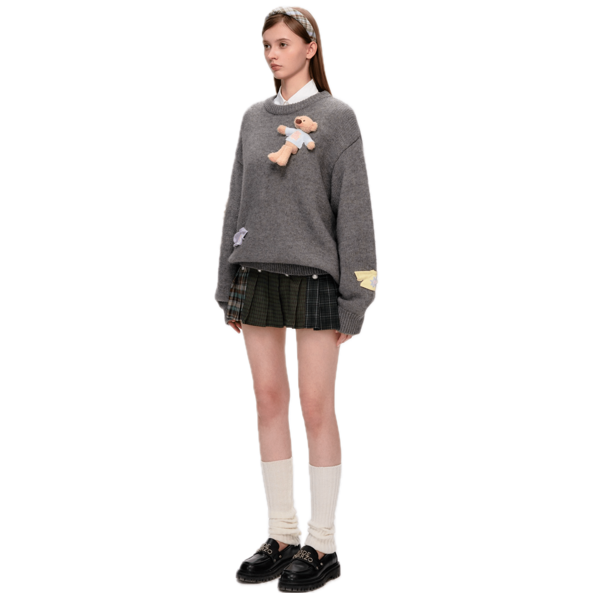 13DE MARZO Bear Sweater Pullover Round Neck Sweater in Dark Gray | MADAX