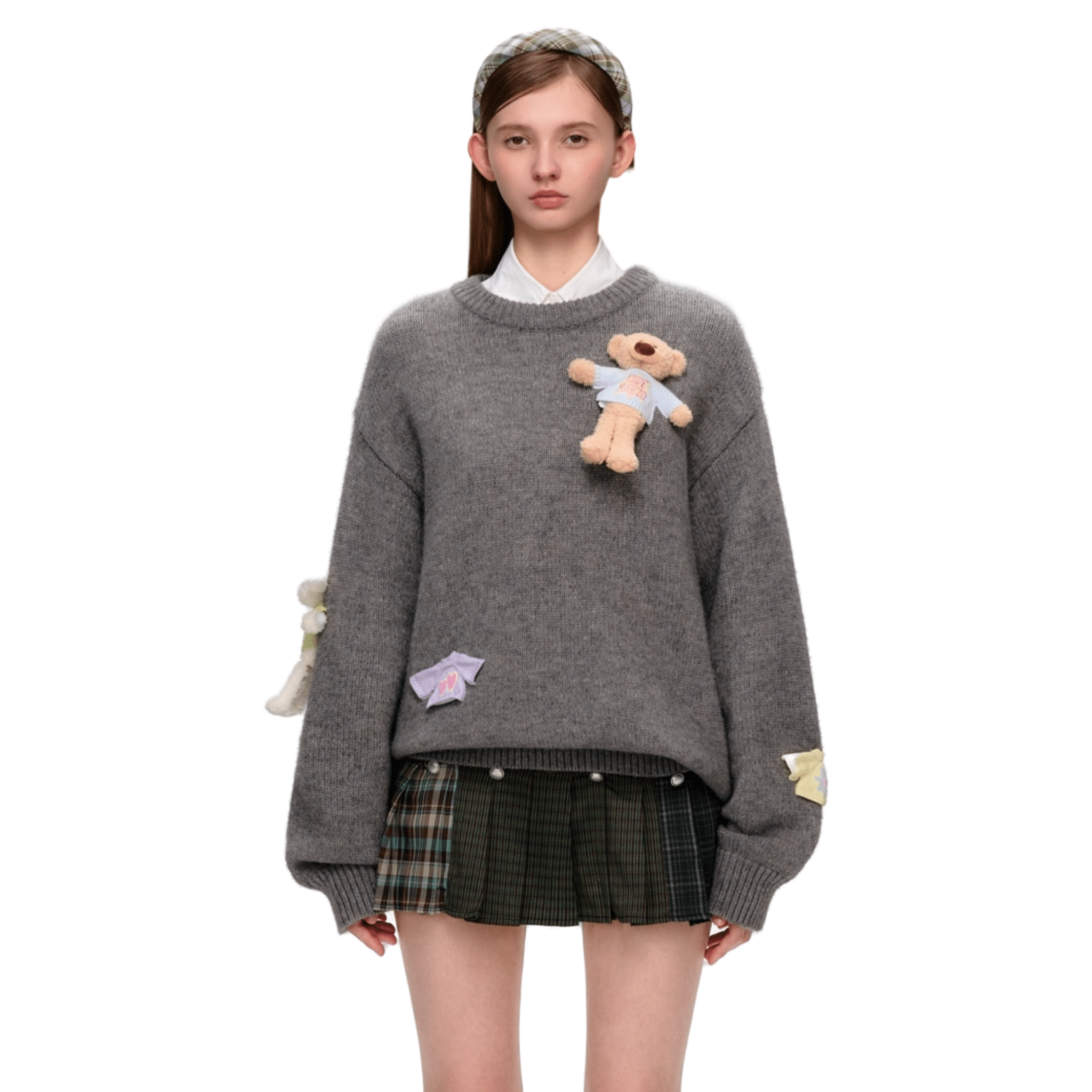 13DE MARZO Bear Sweater Pullover Round Neck Sweater in Dark Gray | MADAX