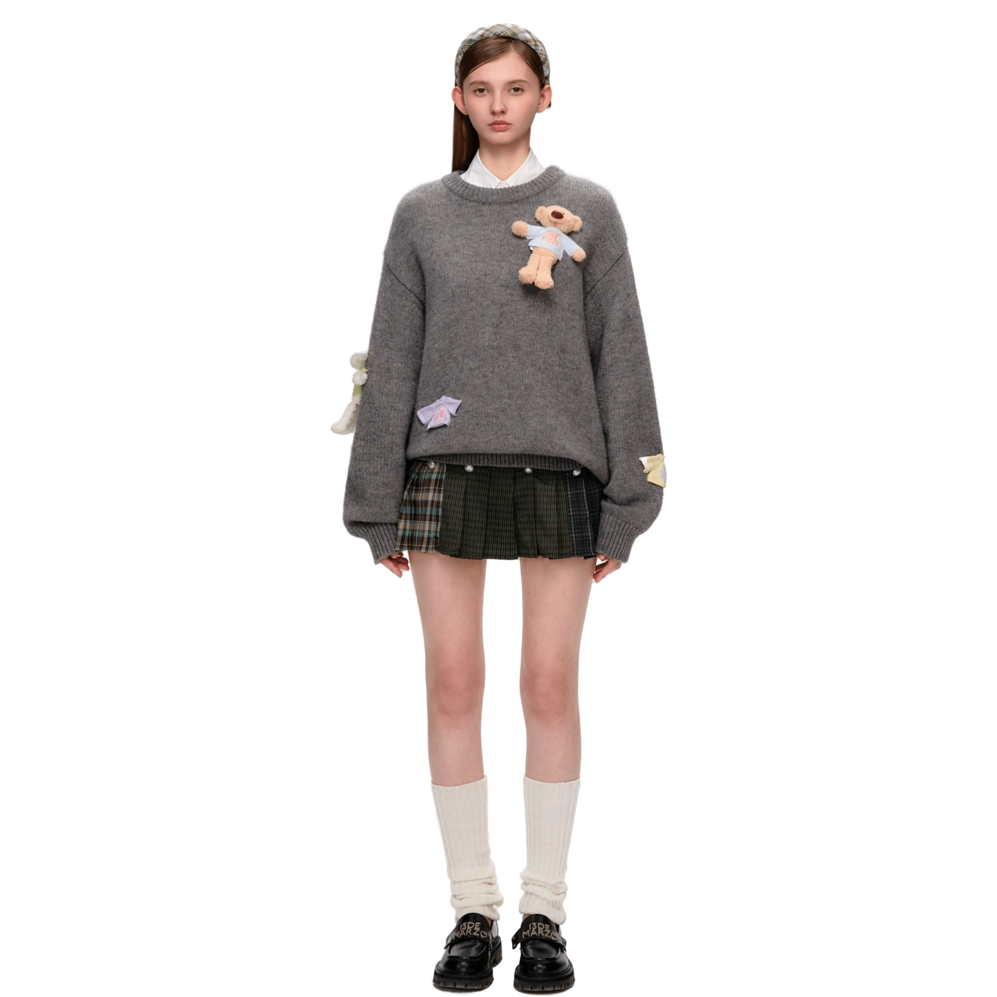 13DE MARZO Bear Sweater Pullover Round Neck Sweater in Dark Gray | MADAX