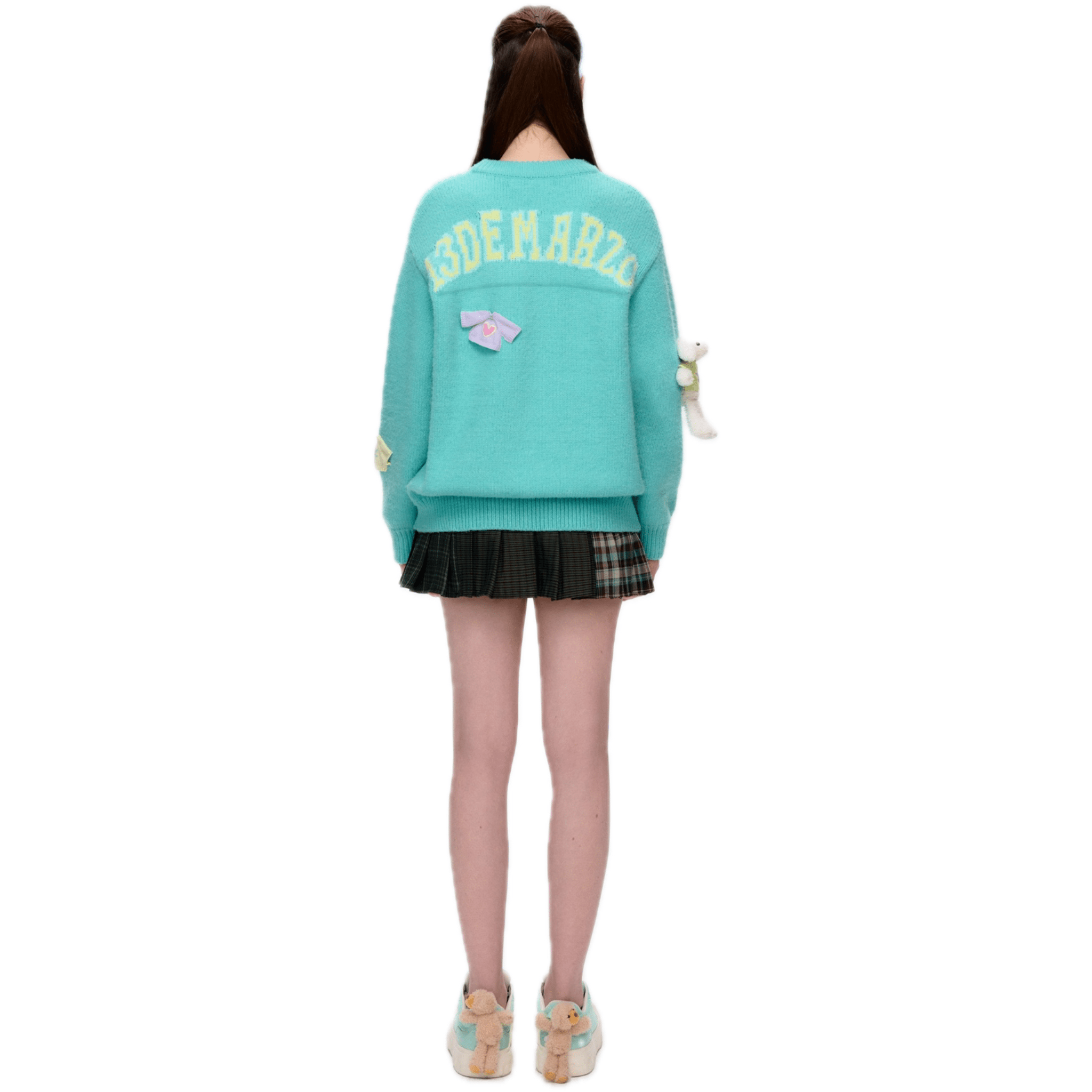 13DE MARZO Bear Sweater Pullover Round Neck Sweater in Green | MADAX