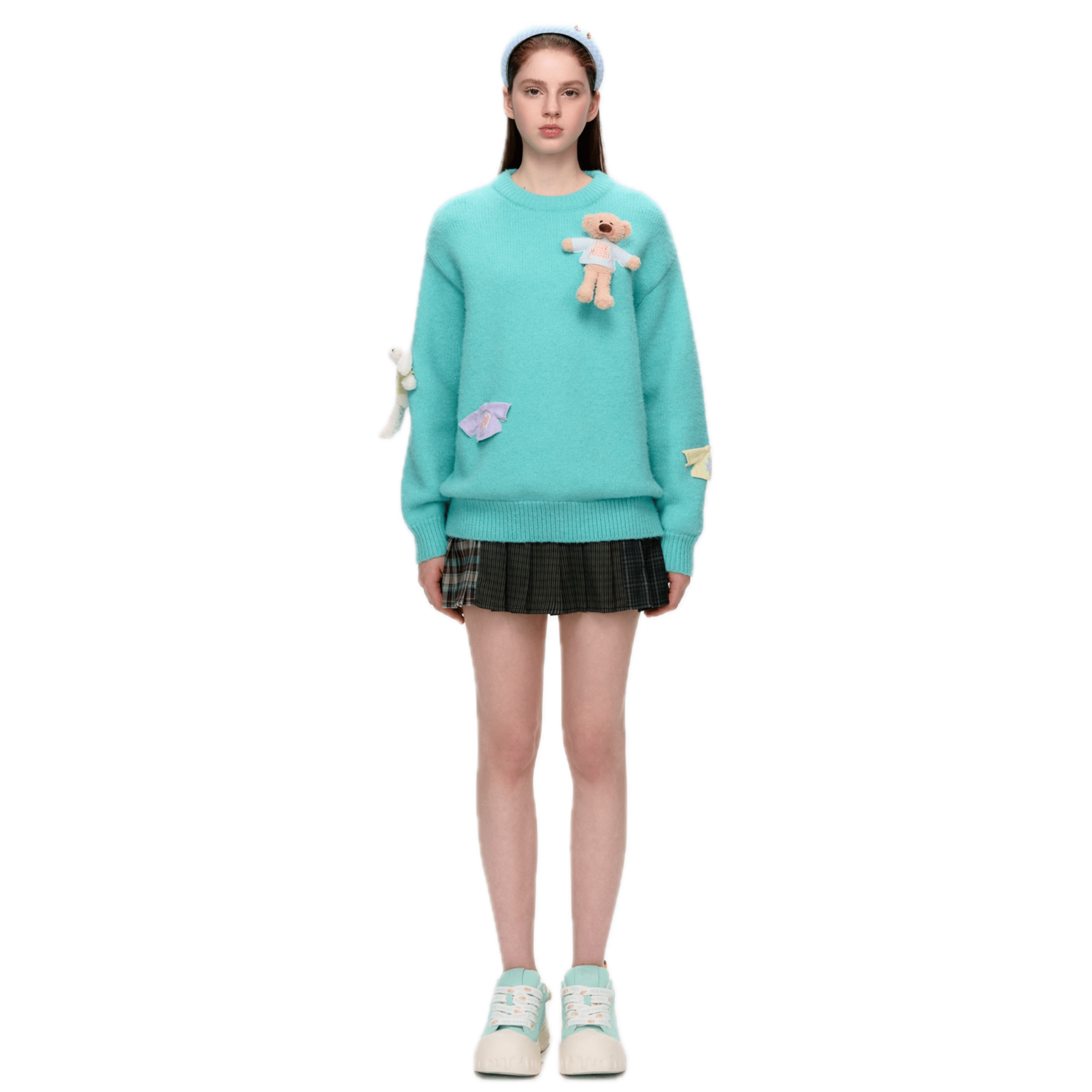13DE MARZO Bear Sweater Pullover Round Neck Sweater in Green | MADAX